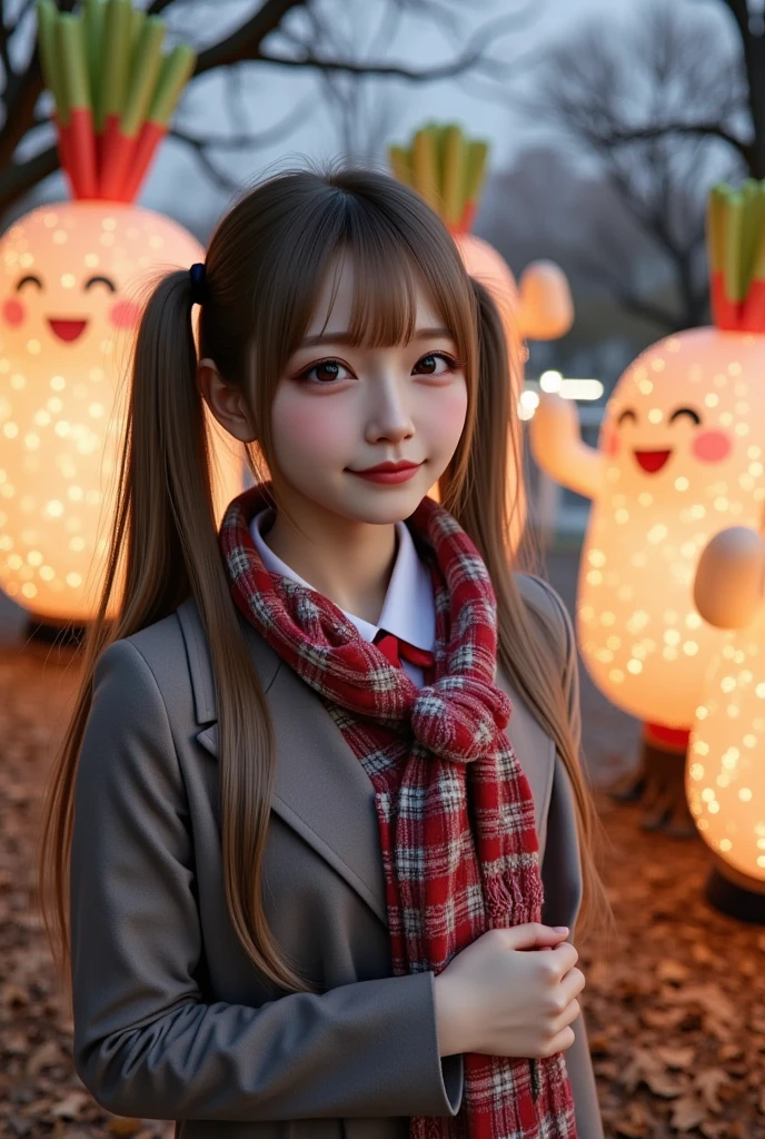 ultra-realistic, photorealistic, dramatic scene, shadow, global-illumination, solo, (teenage Japanese famous idol girl), very beautiful fragile Japanese girl, very beautiful with very cute but boyish cool face, (very large breasts), slim waist, (wearing a gray colored Japanese high school cute uniform of white shirt with blazer and skirt), (red ribbon), (stylish winter coat), (cute checked red woolen scarf), (glove), (She is wearing dark navy tights), (very large breasts), upper body shot, (She is standing and looking at the Daikon Character-Themed Electrical Parade at the amusement park), daikon\(cute, medium long, very large, chubby, white daikon radish character, green leaves on the top, smiled simple cute face, short hands and foot\), (A lively and fun daikon parade with glittering lights and many daikon radish characters on the float), (The floats in the daikon radish Electrical Parade were beautifully decorated with lights), (at night), A few autumn leaves can be seen among the leafless trees, she looks so happy, happy smile, professional lighting,