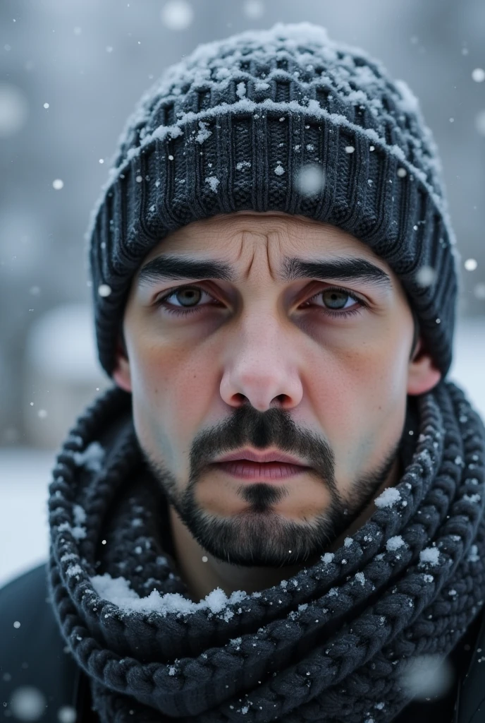 a young man, about 30 years old, wearing a hat written and scarf in the snow, shutterstock, young man, handsome man, in a storm, looking FRONTwards, bokeh top cinematic lighting. Hyperrealistic, detailed, intricate, 4K, skin Textures, glowing.