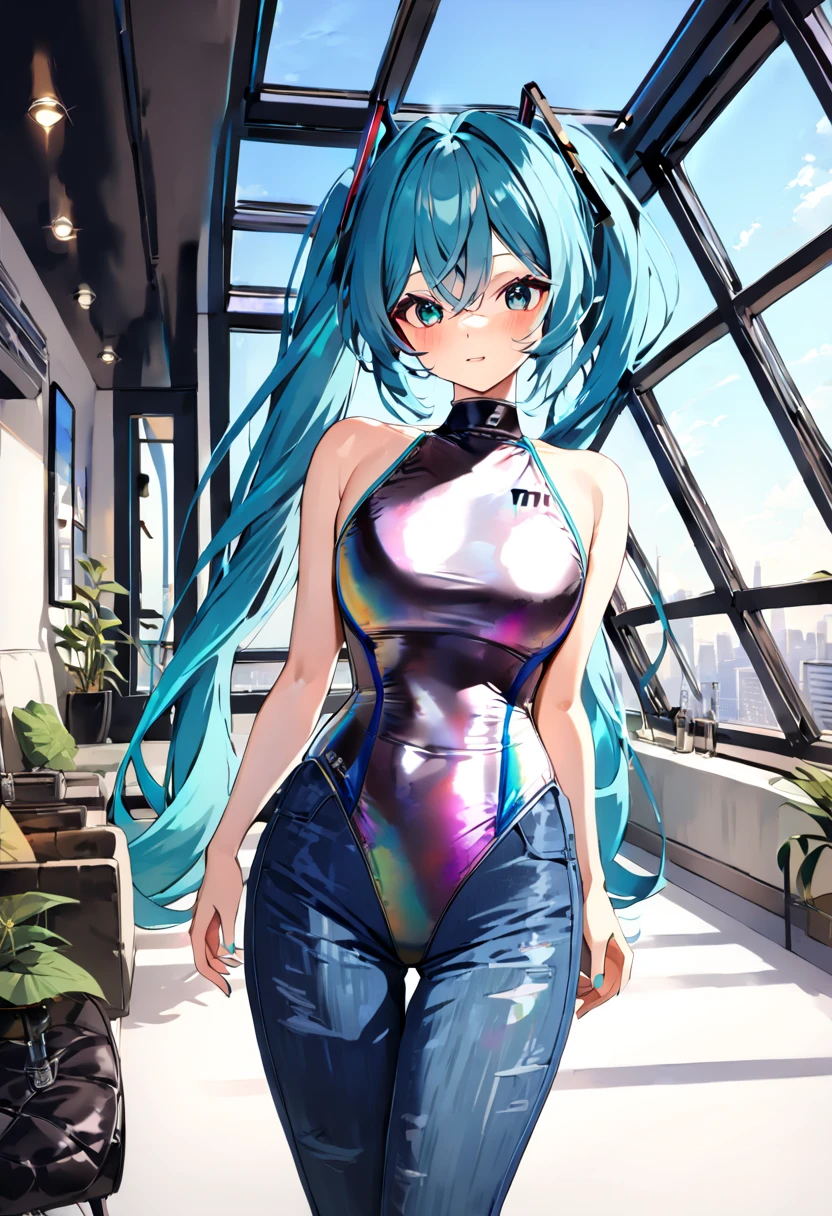 (hatsune miku:1.2), (iridescent camouflage competitive swimsuit, turtle neck:1.4), (rowrise jeans pants:1.4), (cowboy shot:1.4), (cowboy shot:1.4), (luxurious penthouse, indoor rooftop office room, futuristic city:1.4), 