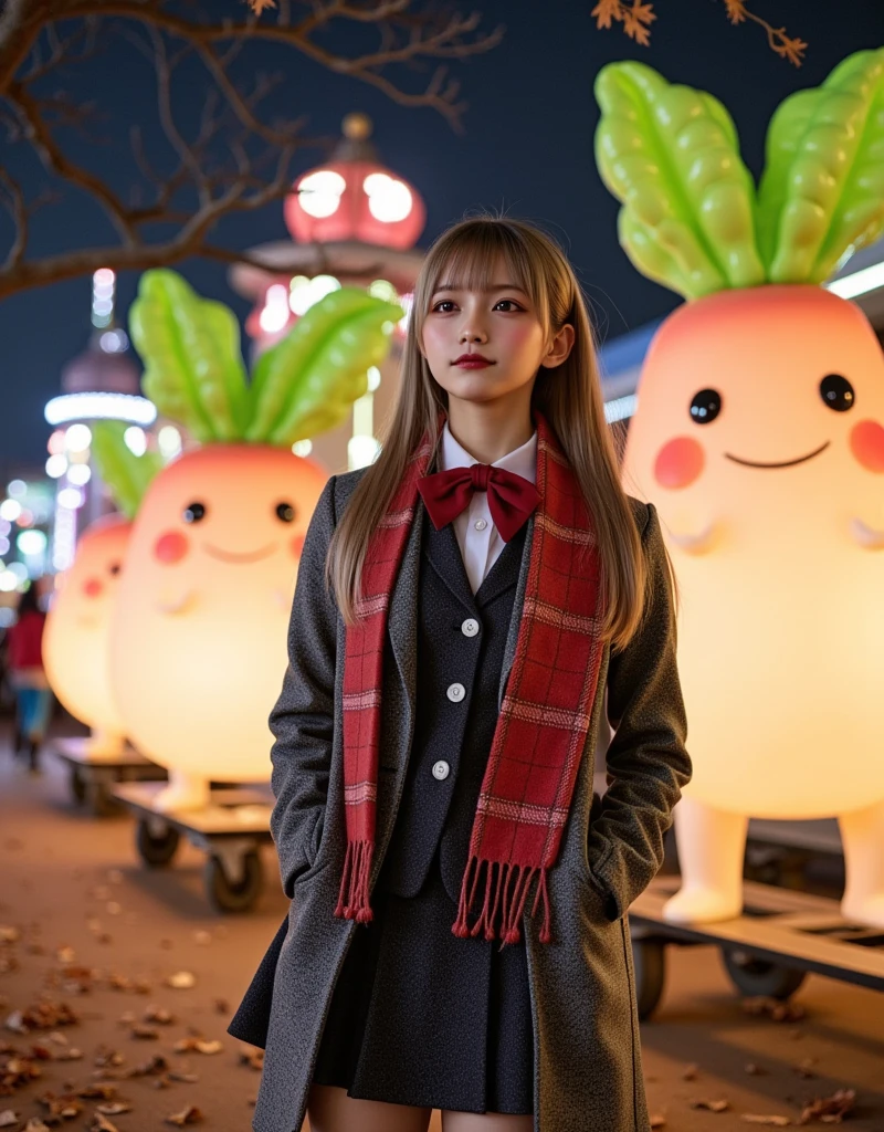 ultra-realistic, photorealistic, dramatic scene, shadow, global-illumination, solo, (teenage Japanese famous idol girl), very beautiful fragile Japanese girl, very beautiful with very cute but boyish cool face, (very large breasts), slim waist, (wearing a gray colored Japanese high school cute uniform of white shirt with blazer and skirt), (red ribbon), (stylish winter coat), (cute checked red woolen scarf), (glove), (She is wearing dark navy tights), (very large breasts), upper body shot, (She is standing and looking at the Daikon Character-Themed Electrical Parade at the amusement park), daikon\(cute, medium long, very large, chubby, white daikon radish character, green leaves on the top, smiled simple cute face, short hands and foot\), (A lively and fun daikon parade with glittering lights and many daikon radish characters on the float), (The floats in the daikon radish Electrical Parade were beautifully decorated with lights), (at night), A few autumn leaves can be seen among the leafless trees, she looks so happy, happy smile, professional lighting,