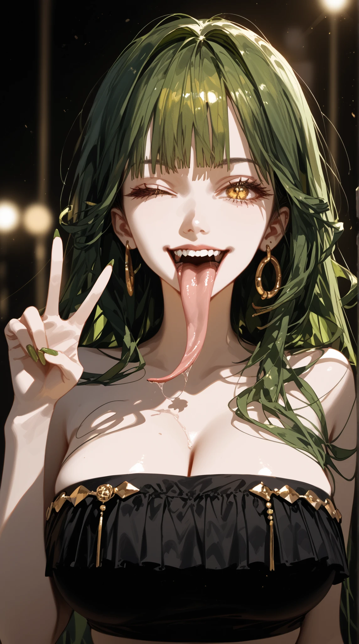 score_9, score_8_up, score_7_up, score_6_up, score_5_up, score_4_up,
BREAK
1girl, green scales, yellow eyes, wink, snake hair, green hair, light smile, slit pupils, long hair, straight hair, GOLD TONS OF BONE PIERCINGS , long tongue、Snake Tongue、split tongue、saliva、
BREAK
solo, portrait, huge breasts, peace sign, black tube top, strapless, gold trim,
 BREAK
old bedroom 、Dark bedroom at night、The faint light of neon、Urban atmosphere、background, Detailed background, realistic, cowboy shot, 