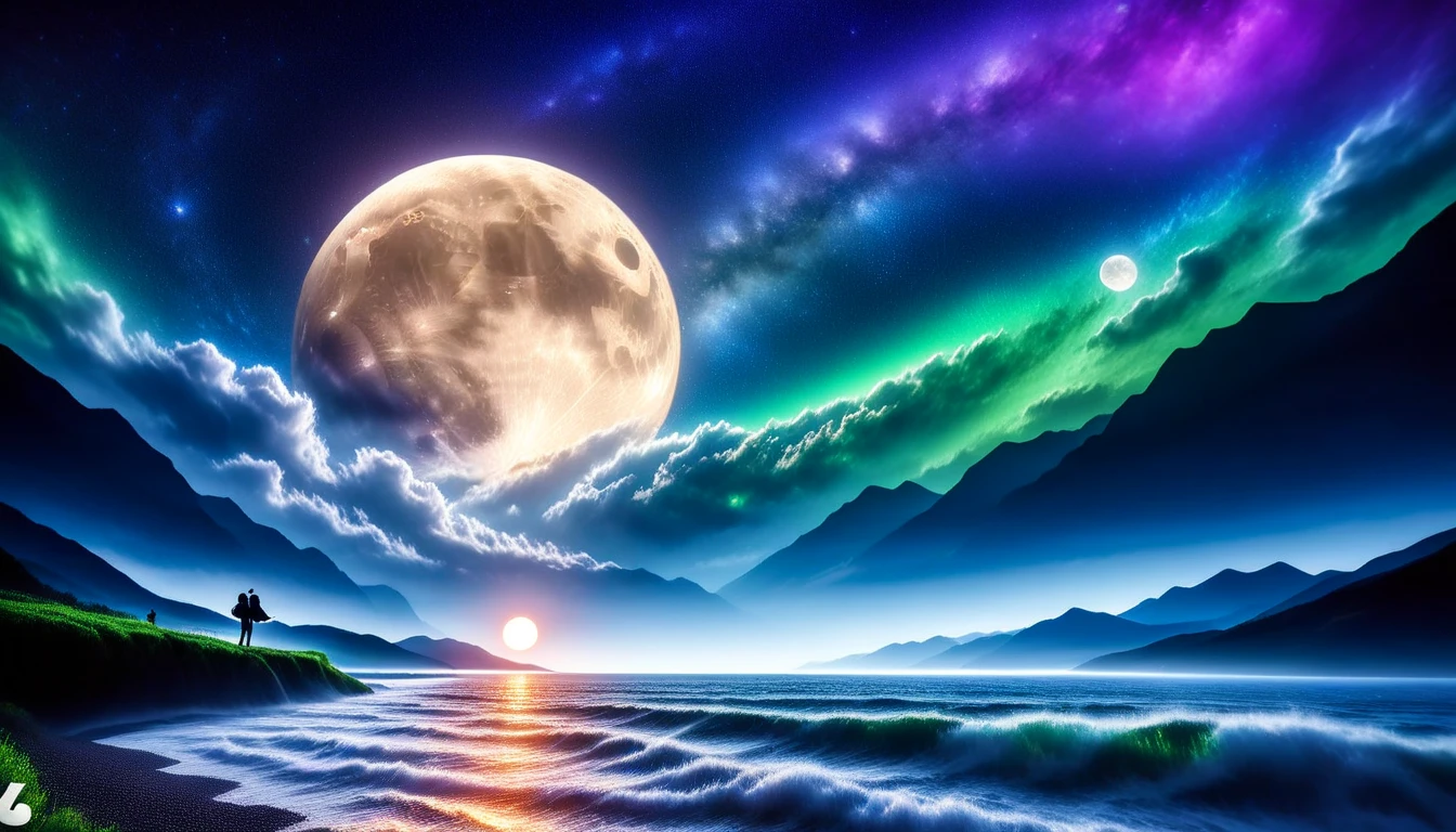 (greenく光る巨大な月),巨大なgreenい月, super high image quality, high definition , High Quality ,Detailed Scenery ,Night Sky,（Milky Way Galaxy）,The Alps,The giant moon and stars moving to the lake々, beautiful Artistic illustration , Ultramarine, green,  Purple , black, Majestic Atmosphere,An epic and mysterious moon,
