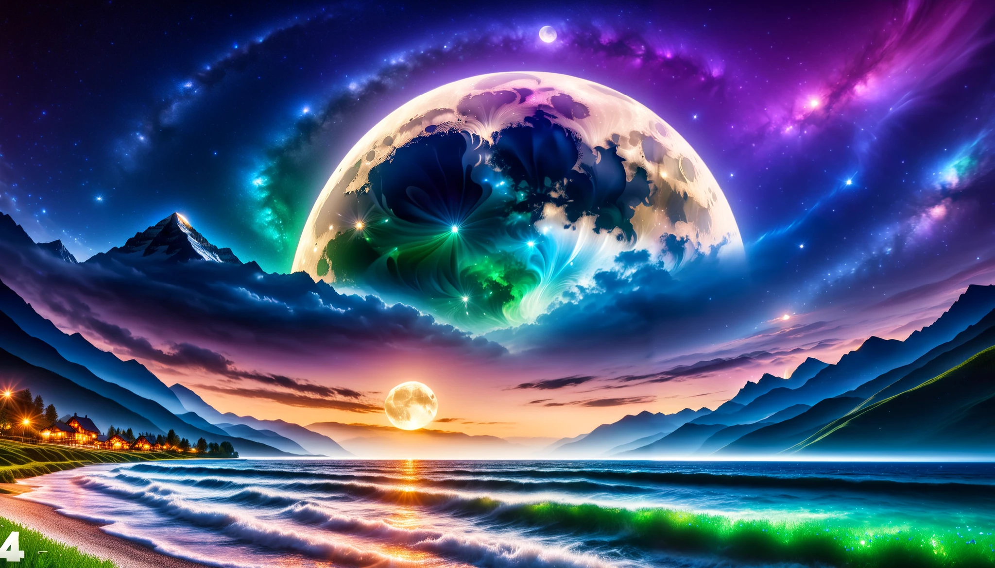 (greenく光る巨大な月),巨大なgreenい月, super high image quality, high definition , High Quality ,Detailed Scenery ,Night Sky,（Milky Way Galaxy）,The Alps,The giant moon and stars moving to the lake々, beautiful Artistic illustration , Ultramarine, green,  Purple , black, Majestic Atmosphere,An epic and mysterious moon,
