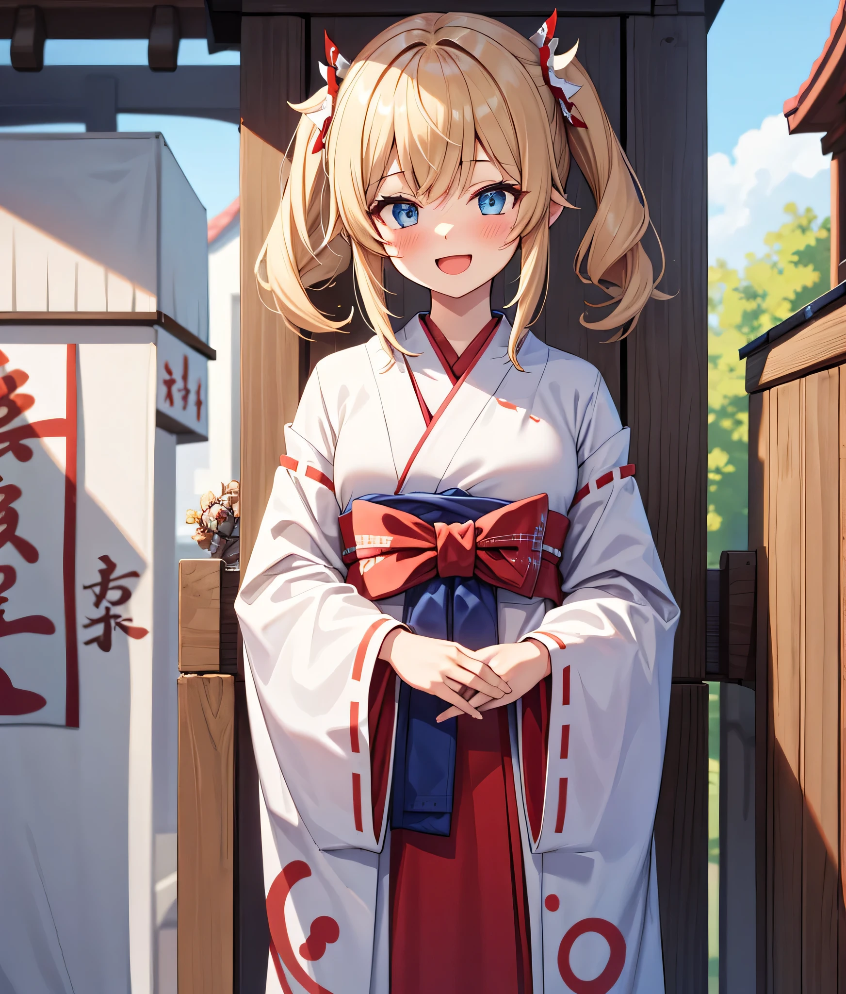 1 girl, Alone, high res, long hair, and look, blush, smiles, blue eyes, Blonde, high res, masterpiece, accurate, is entangled with his hands and feet in front of an anatomically correct , won numerous awards, 最high quality, detail , High detail , high quality, quality, retina, very detailed, Textured Skin, Ultra Fine, Shrine Background, , ((((Shrine maiden costume)))), Emphasize the upper body, open your mouth, Laugh happily,