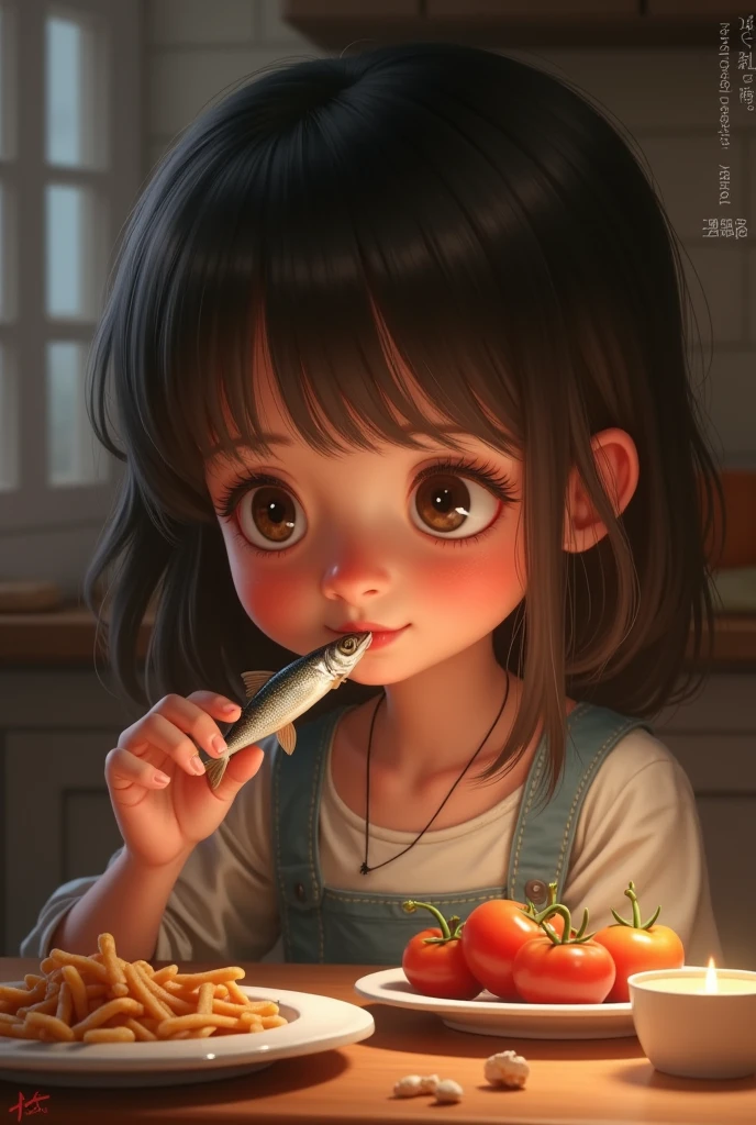 A little girl with delicate and beautiful facial features in the kitchen,On the table in front of her was a plate of shrimp and a plate of fish,The little girl had a happy smile on her face,A small white rabbit next to the table,The background is a window,kids drawing