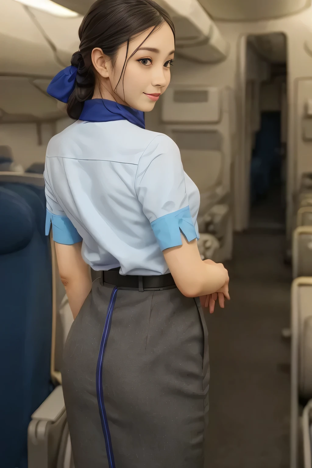 （Realistic style wearing the ANA cabincrew uniform）、（ANA cabincrew uniform）、（Short sleeve light blue blouse）、（ANA cabincrew uniform with blue line on the back skirt ）