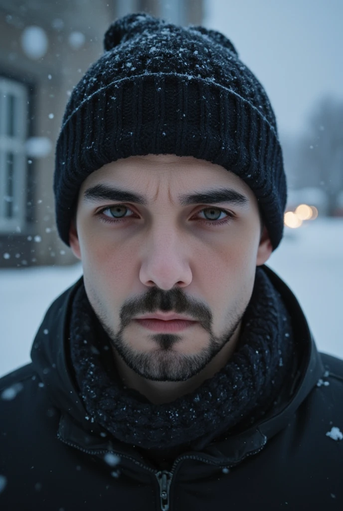 a young man, about 30 years old, wearing a hat written and scarf in the snow, shutterstock, young man, handsome man, in a storm, looking FRONTwards, bokeh top cinematic lighting. Hyperrealistic, detailed, intricate, 4K, skin Textures, glowing.