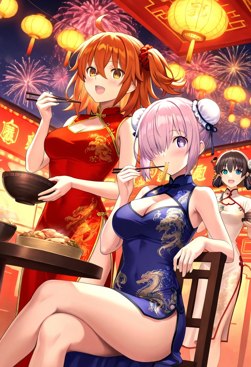 breasts, looking at viewer, blush, smile, short hair, open mouth, blue eyes, multiple girls, large breasts, black hair, hair ornament, 1boy, dress, holding, 2girls, cleavage, bare shoulders, sitting, purple eyes, purple hair, ahoge, food, alternate costume, hair bun, orange hair, hair over one eye, official alternate costume, clothing cutout, double bun, chinese clothes, eating, red dress, cleavage cutout, crossed legs, china dress, light purple hair, side slit, bowl, lantern, chopsticks, bun cover, fireworks, holding chopsticks, paper lantern, chinese new year, mash kyrielight, fujimaru ritsuka \(female\), fujimaru ritsuka \(male\)