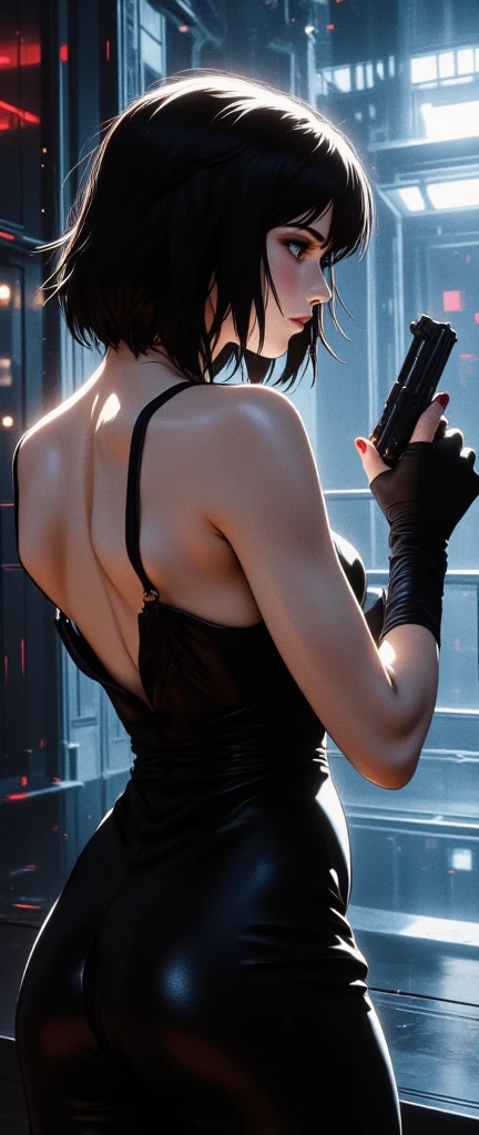 (masterpiece:1.2,EXCEPTIONAL QUALITY ,Mirror Finish , Cinematic Experience),8k,16k, wallpaper,( backless dress:2.0),( Female Assassin :2.0),( Black Dress with Empty Back :2.0),( and hold up your gun:2.0),(Nikita Style :2.0),( sexy:2.0),( back view:2.0),( Turn Around :2.0),(Short Hair:2.0),( beautiful women:2.0),(風に揺れる髪の毛)