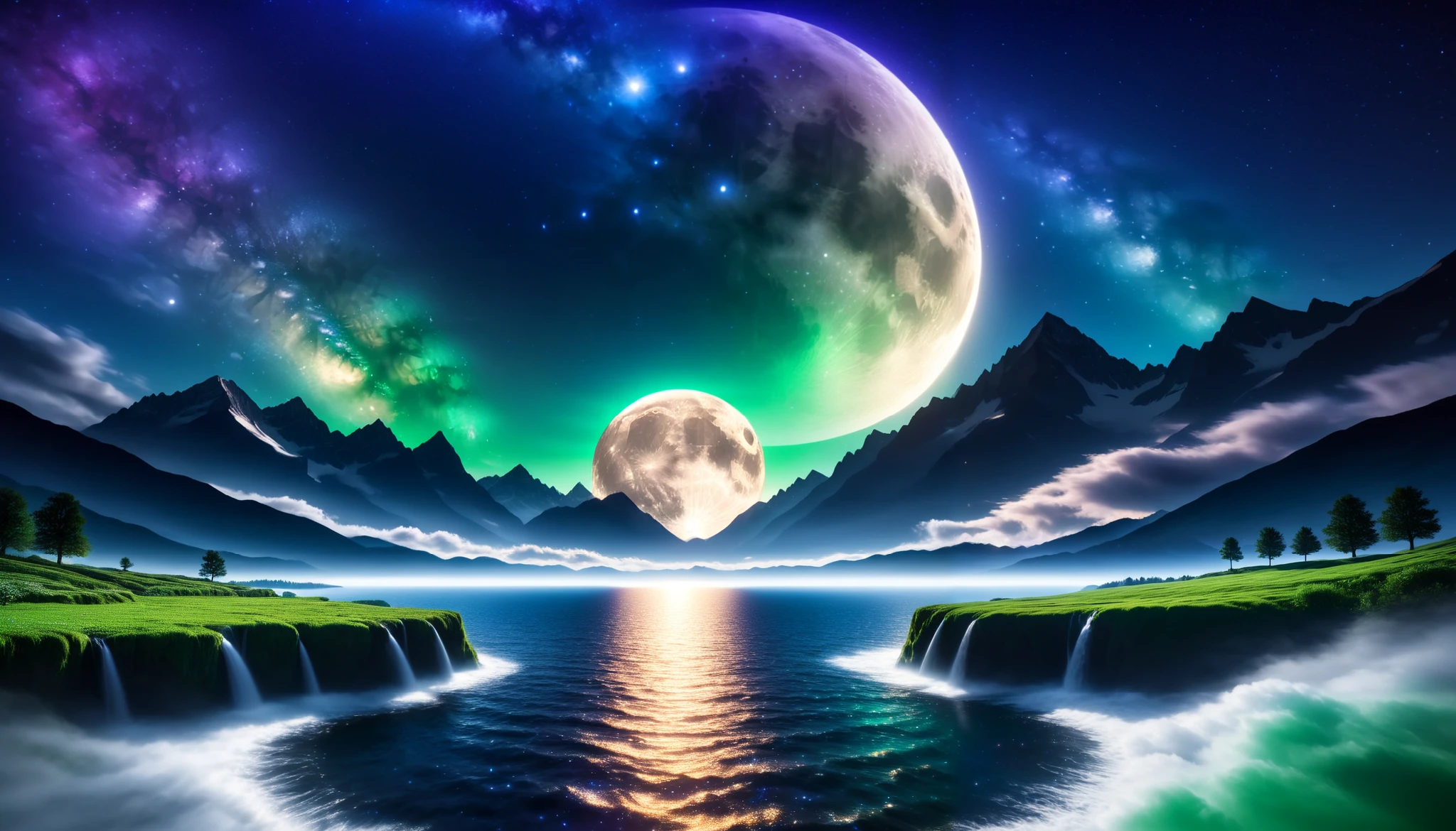 (greenく光る巨大な月),巨大なgreenい月, super high image quality, high definition , High Quality ,Detailed Scenery ,Night Sky,（Milky Way Galaxy）,The Alps,The giant moon and stars moving to the lake々, beautiful Artistic illustration , Ultramarine, green,  Purple , black, Majestic Atmosphere,An epic and mysterious moon,
