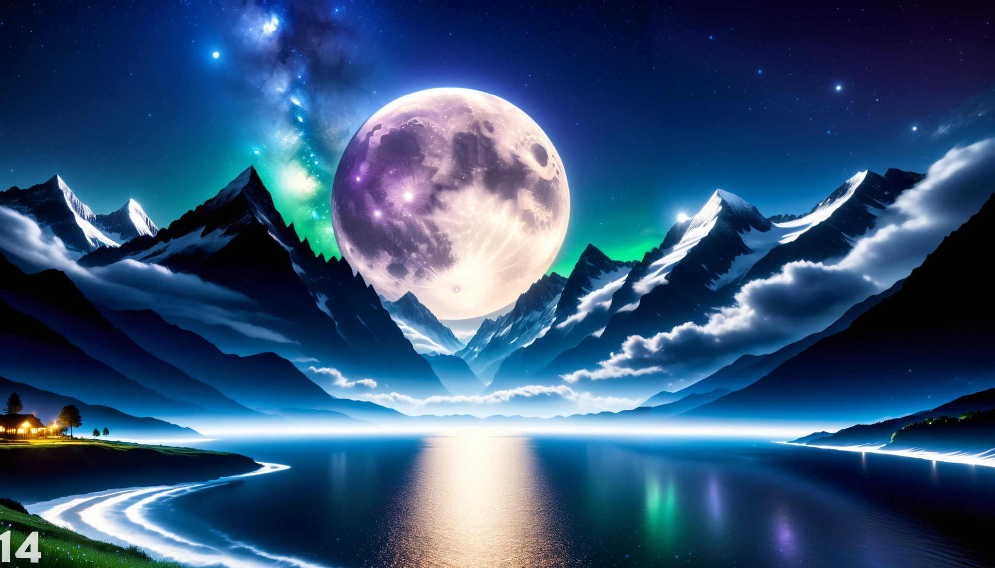 (greenく光る巨大な月),巨大なgreenい月, super high image quality, high definition , High Quality ,Detailed Scenery ,Night Sky,（Milky Way Galaxy）,The Alps,The giant moon and stars moving to the lake々, beautiful Artistic illustration , Ultramarine, green,  Purple , black, Majestic Atmosphere,An epic and mysterious moon,
