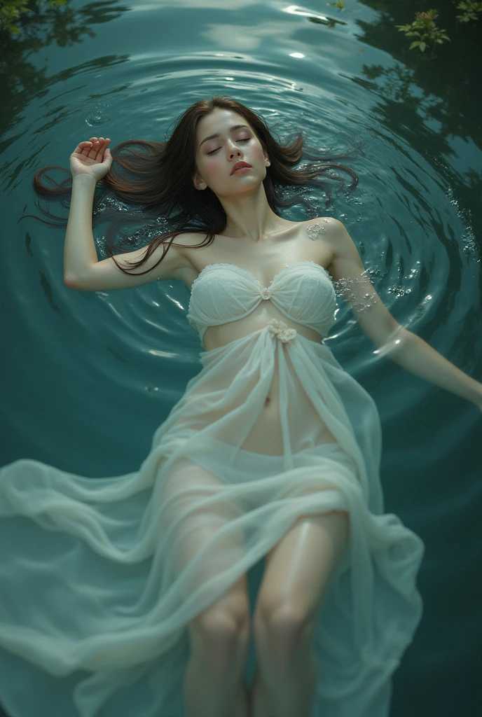 High detail CG，rich details​，An underwater world in the sun，deep water，water bubbles，small fish swimming around，Dress normally，White lace dress，The outside is covered with a white coat，Dragon girl，Wear an exaggerated necklace，Brown hair long，The sun shines on the body，glowing white，The art of clocking in