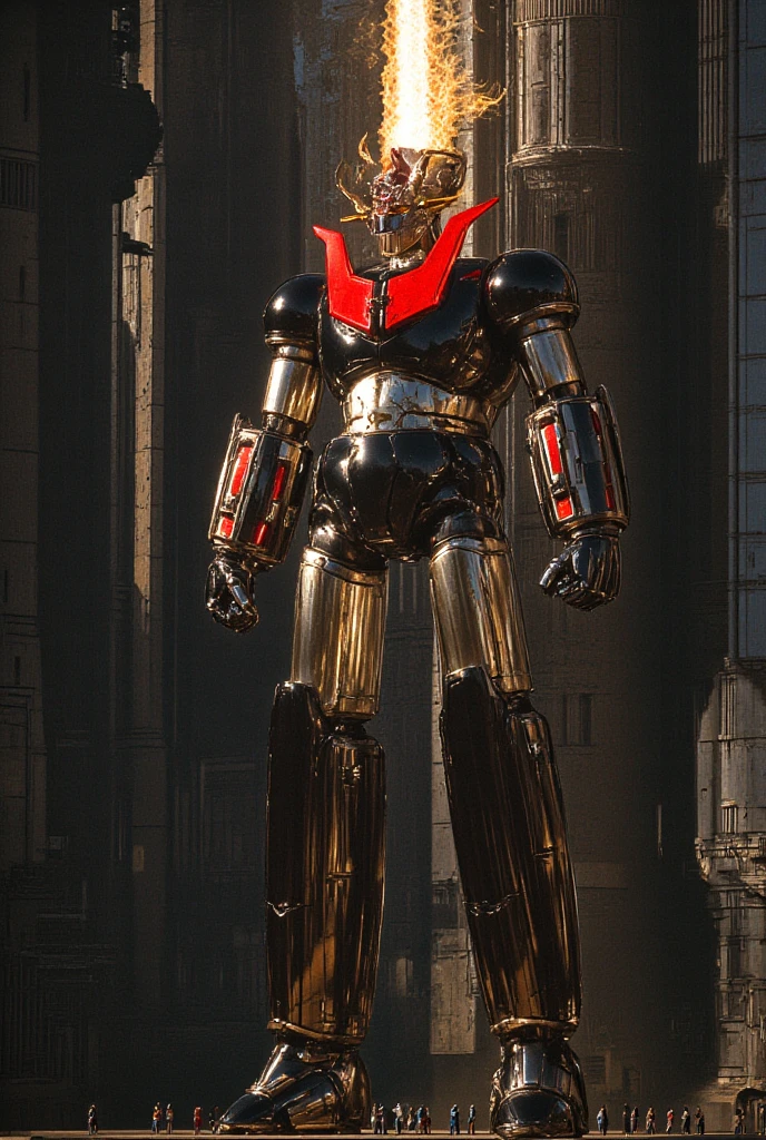  a highly realistic version of the modified Mazinger Z ,  standing 100 meters high in a forward position.  constructed with modern materials such as steel ,  Carbon Fiber ,  other industrial elements are also visible ,  just like the real thing ,  Symbolic features such as the chest plate and head where high voltage current flows and emits light have been carefully reproduced. It is set in a modern nuclear reactor facility industrial environment ,  the appearance of Mazinger Z standing around ,  illuminated by natural light 、 huge structures highlighted with realistic shadows . LED light lighting 　Gundam