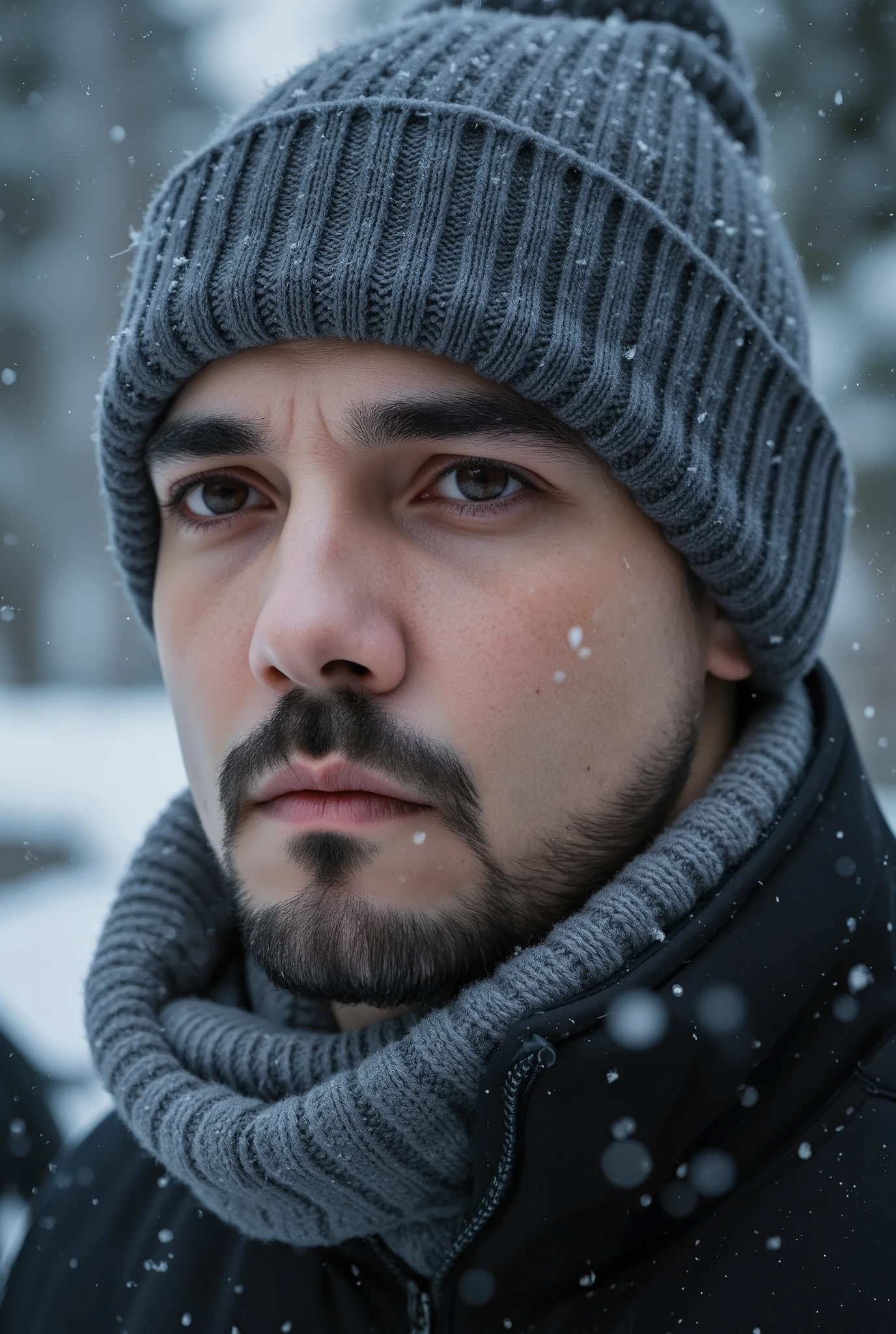 a young man, about 30 years old, wearing a hat written and scarf in the snow, shutterstock, young man, handsome man, in a storm, looking FRONTwards, bokeh top cinematic lighting. Hyperrealistic, detailed, intricate, 4K, skin Textures, glowing.