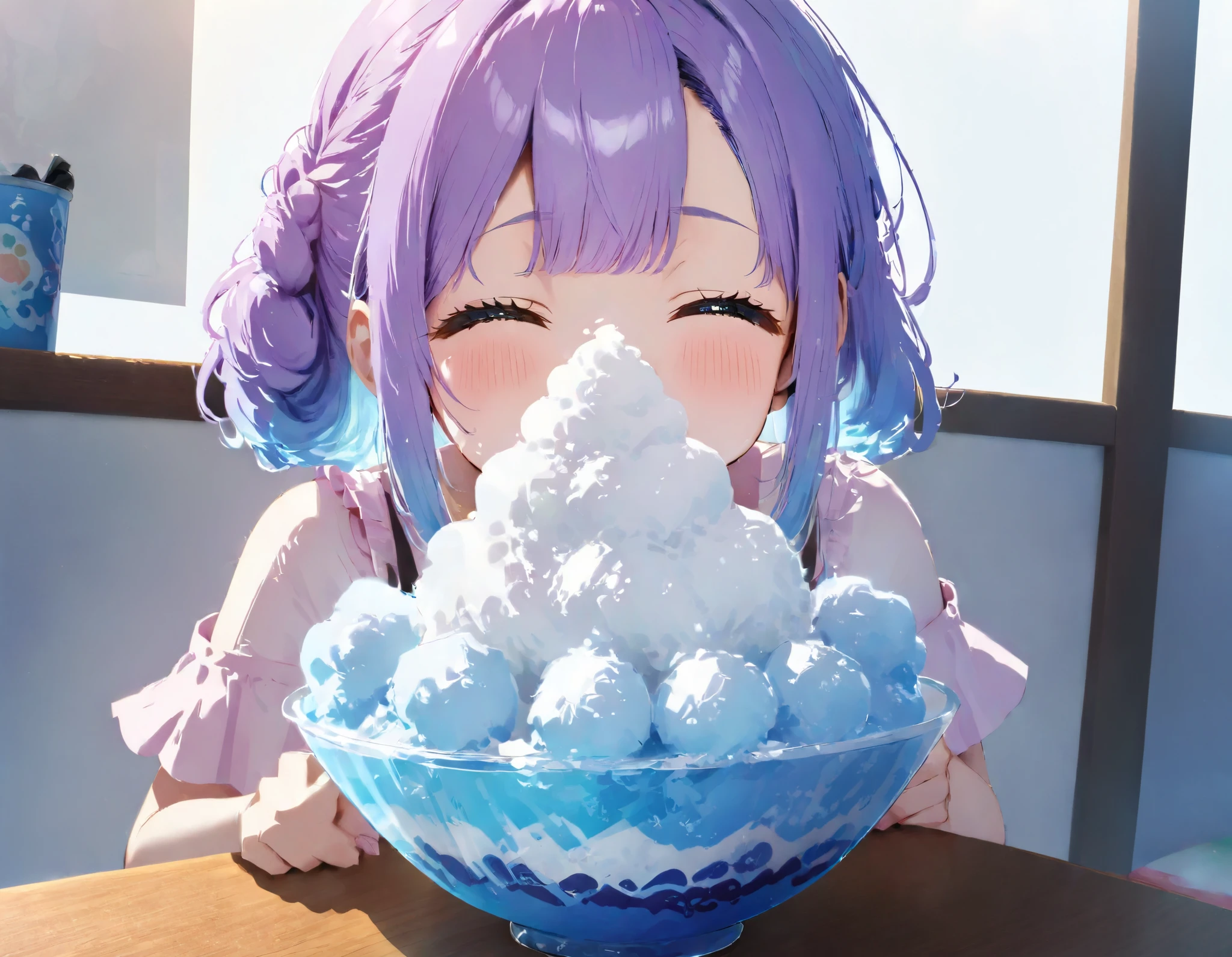 Shaved ice in a glass bowl、Kuromitsu shaved ice、Shiratama 、 huge soft serve ice cream on shaved ice、 girl puffs up her cheeks