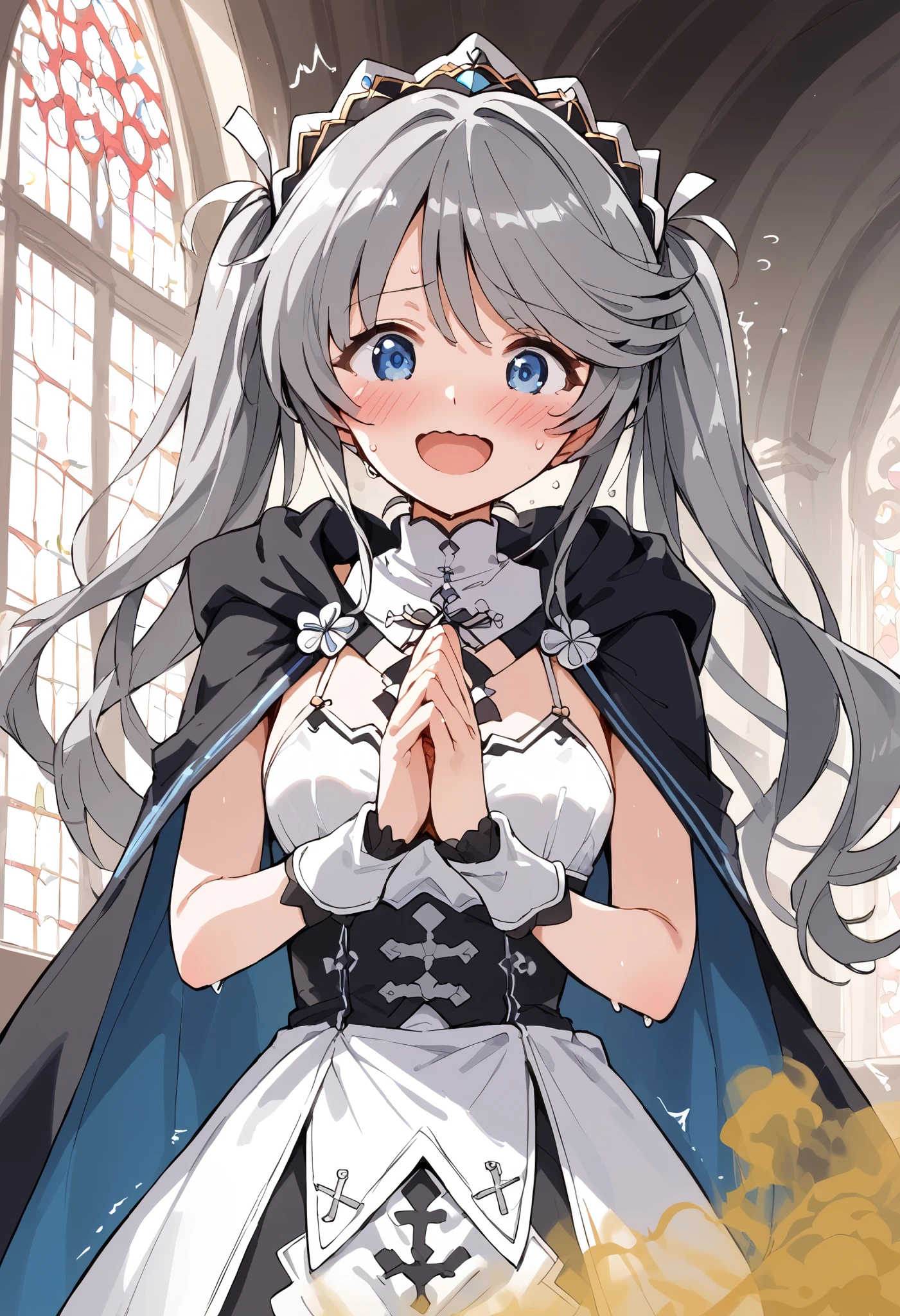 masterpiece, best quality, absurdres, highres, newest, score_9, score_8_up, score_7_up, source_anime, 1girl, solo, long hair, grey hair, blue eyes, twintails, tiara, hair ornament, bikini, wristbands, detached collar, waist cape, thighhighs, praying, open eyes, indoors, church, light, sunlight, open mouth, sweat, smile, happy, @_@, wavy mouth, worried, blush, trembling, shaking, shiny skin, bend over, ((fart)), ((farting)), anime coloring,