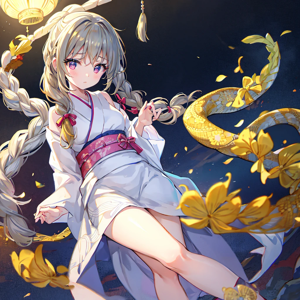 In a scene that blends the subtle elegance of ink wash painting with vibrant neon outlines, a chibi-style Japanese girl with braided hair stands in a traditional kimono. Delicate snake motifs accent her attire, hinting at the mythical and auspicious spirit of the New Year. The soft strokes of the ink-like background contrast with the neon edging that outlines her formchibi,In a scene that blends the subtle elegance of ink wash painting with vibrant neon outlines, a chibi-style Japanese girl with braided hair stands in a traditional kimono. Delicate snake motifs accent her attire, hinting at the mythical and auspicious spirit of the New Year. The soft strokes of the ink-like background contrast with the neon edging that outlines her form