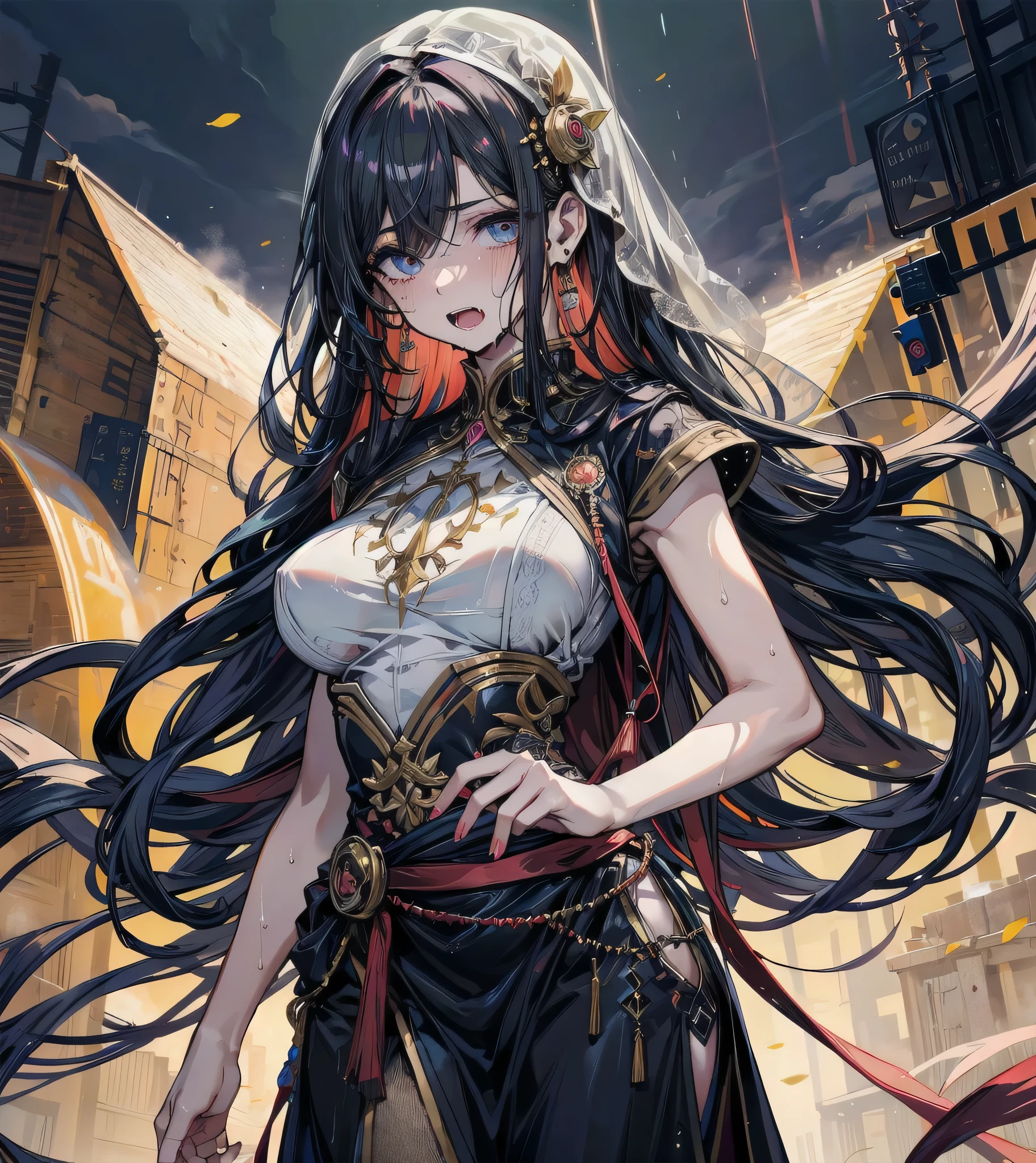 masterpiece, best quality, 1woman, adult, female focus, solo, long black hair, dragonic horn, vibrant yellow eyes, looking at viewer, closed mouth, Fantasy aesthetics, Highly detailed, shadowverse style, Traditional Japanese attire, black attire