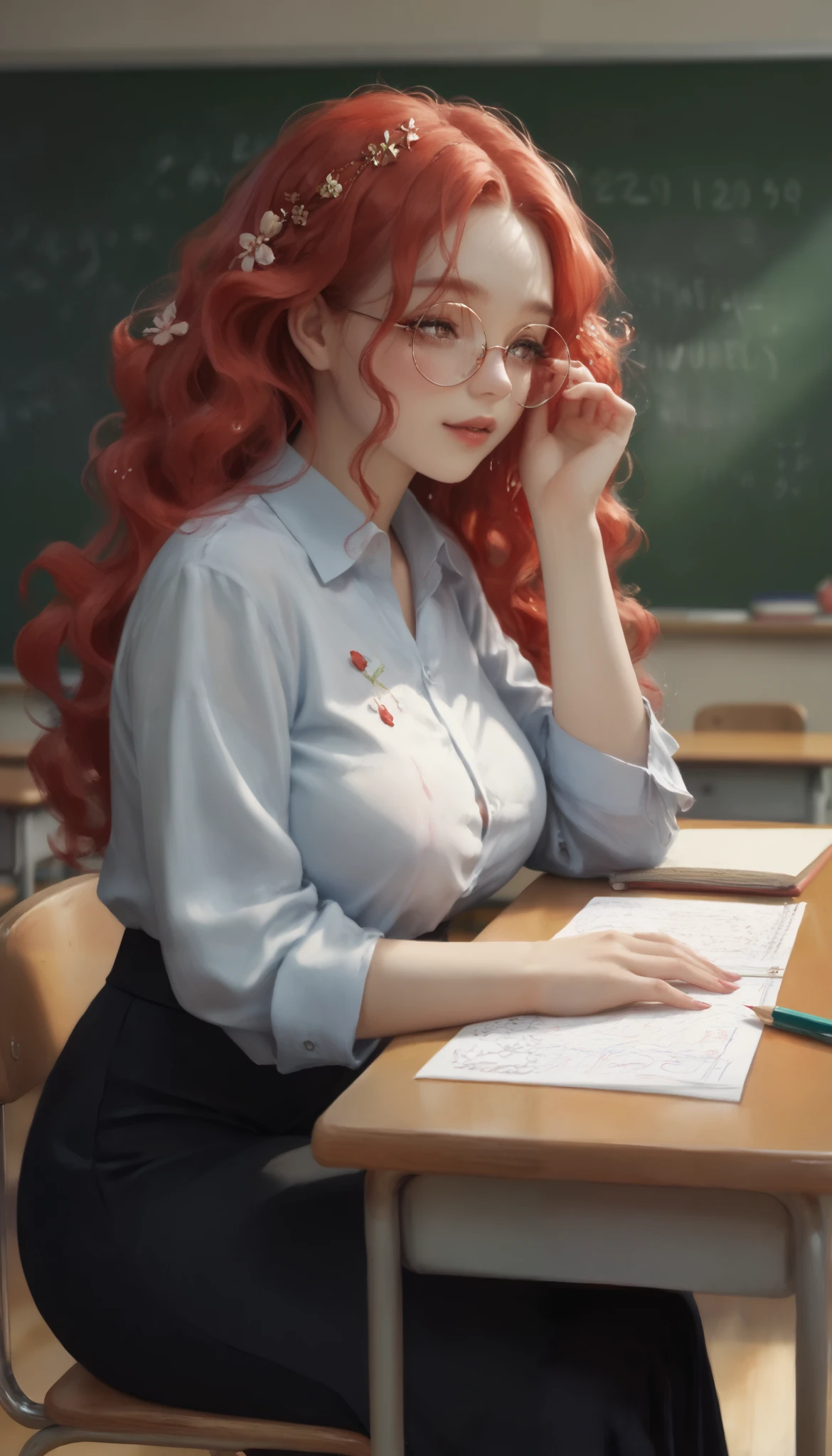 (masterpiece,recent,surpassing:1.2),1 woman, Black ,dark classroom, red light, 20 year old Korean girl , teacher,  huge boobs , round glasses,  long wavy hair ,  thick thighs, Black 머리, wet body