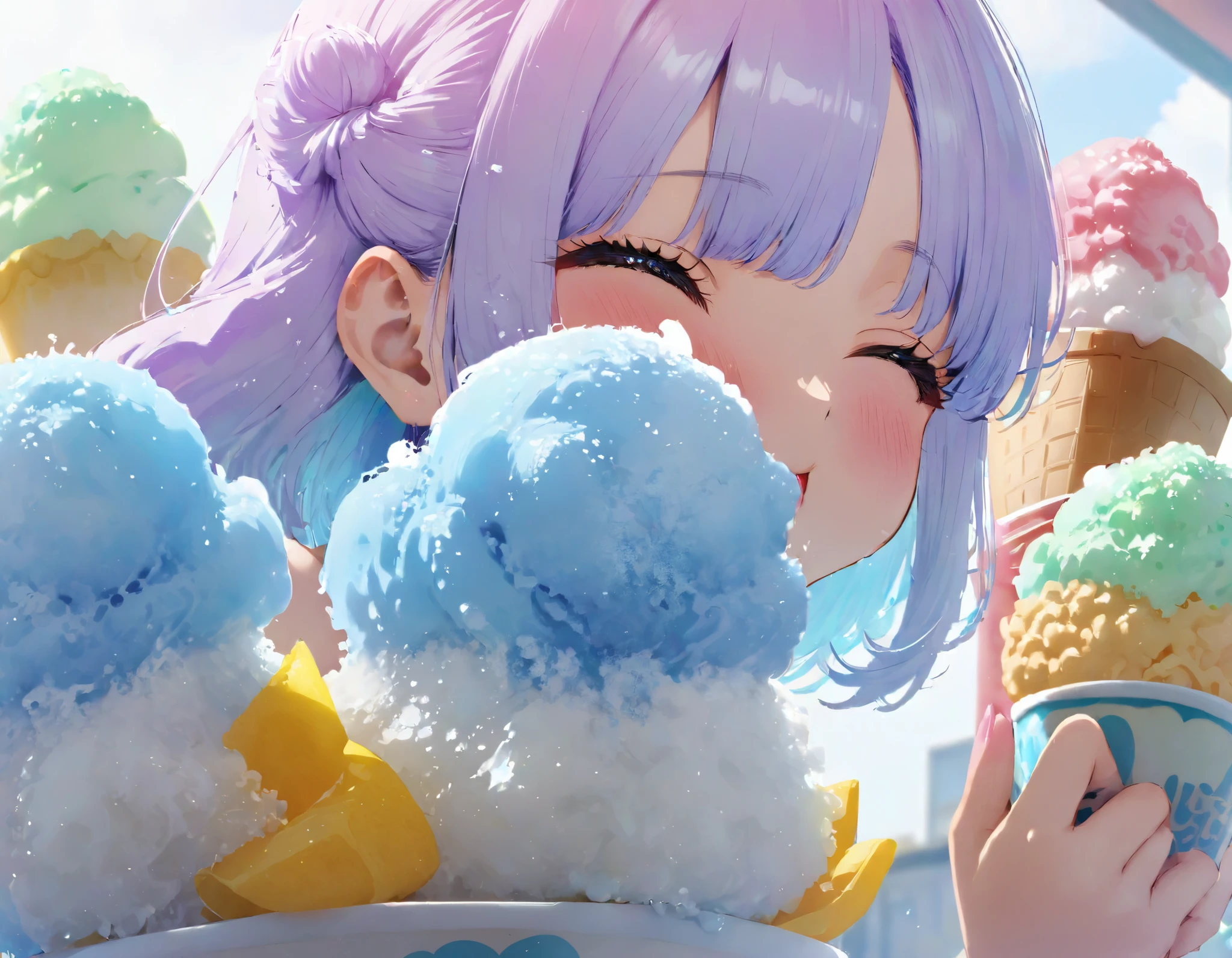 Giant Soft Ice Cream 、Kuromitsu shaved ice、Shiratama 、 Kuromitsu Kinakona Soft Ice Cream、 girl puffs up her cheeks