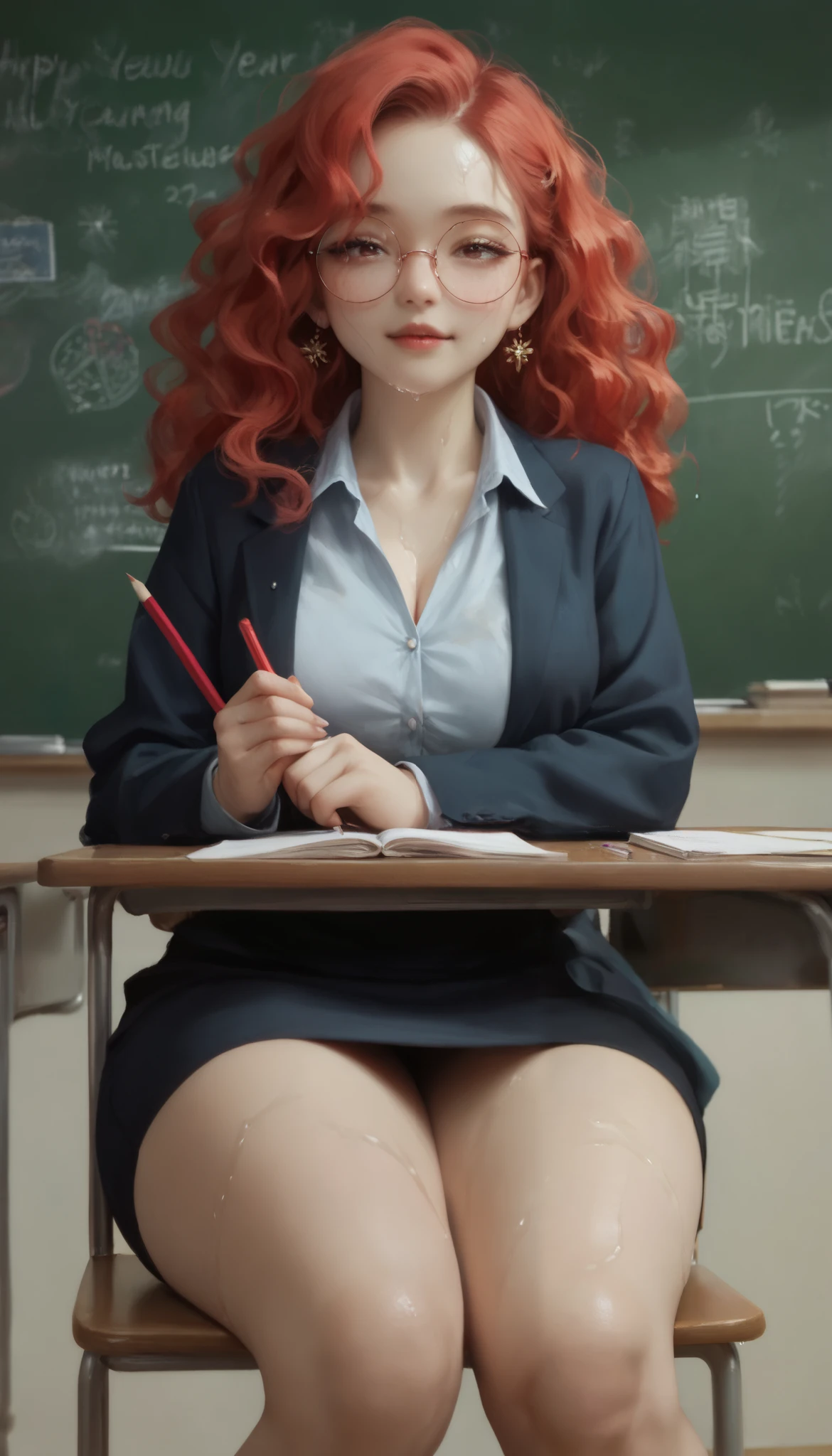 (masterpiece,recent,surpassing:1.2),1 woman, Black ,dark classroom, red light, 20 year old Korean girl , teacher,  huge boobs , round glasses,  long wavy hair ,  thick thighs, Black 머리, wet body