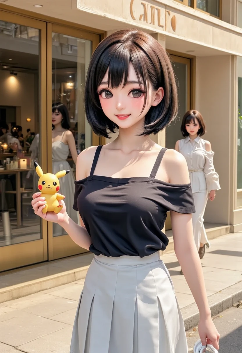 photograph,  model shooting,  a woman standing outside a cafe wearing a black off-the-shoulder shirt and white skirt"Haruna" Cowboy Shots ,  she's posing , She has nice lipstick,  she's smiling, She's holding Pokémon ,  bright color, sunlight