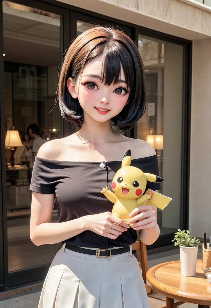 photograph,  model shooting,  a woman standing outside a cafe wearing a black off-the-shoulder shirt and white skirt"Haruna" Cowboy Shots ,  she's posing , She has nice lipstick,  she's smiling, She's holding Pokémon ,  bright color, sunlight