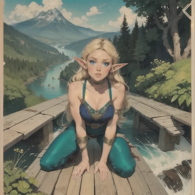 1, deedlit, Alone,  pointy ears ,  long hair pants,  blonde hair, shezfe , goblin, layer, layer azul,  blue eyes, boots, From above, ,  Very long hair ,  shoulder armor ,  parted lips ,  looking at the spectator,  large river background on top of a rustic wooden bridge, retro style,  traditional media ,  Goblin Forest scenery , Fearless Elf Princess 