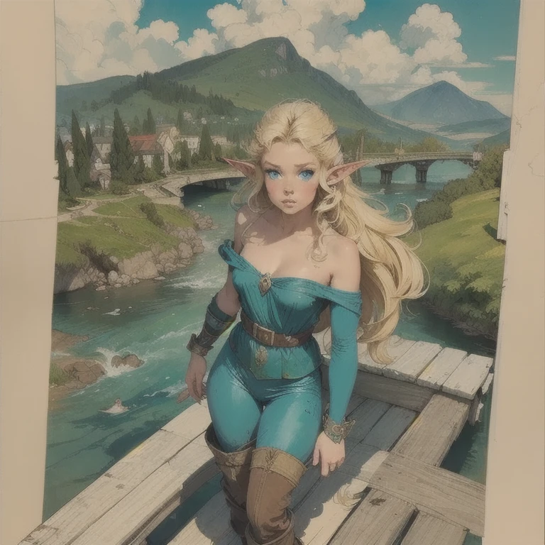 1, deedlit, Alone,  pointy ears ,  long hair pants,  blonde hair, shezfe , goblin, layer, layer azul,  blue eyes, boots, From above, ,  Very long hair ,  shoulder armor ,  parted lips ,  looking at the spectator,  large river background on top of a rustic wooden bridge, retro style,  traditional media ,  Goblin Forest scenery , Fearless Elf Princess 