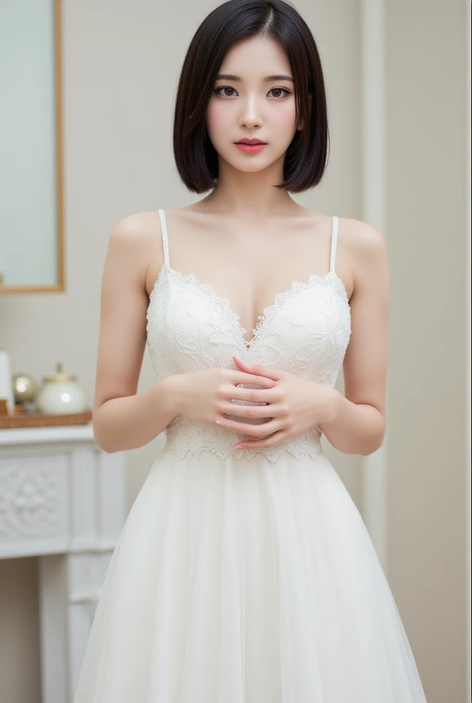 スコア_9, スコア_8_上, スコア_7_上 , White chiffon blouse with delicate floral patterns, faintly visible bra underneath, elegant and feminine style, background with warm wood textures