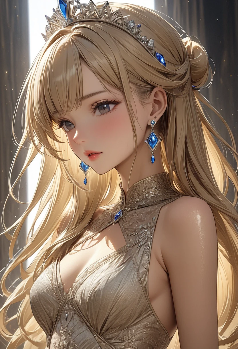 ((masterpiece)), (textured skin), ((high details)), best quality, award winning, 8k, beautiful woman, silk dress, Noble, princess, queen, blonde, half updo, hair flaps, jewelry tiara, crystal earrings, Sharp focus A beautiful woman with perfect body, Slim abdomen, light brown hair, shiny hair, low twintails