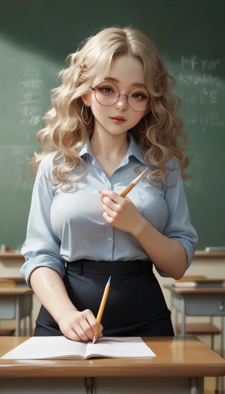 (masterpiece,recent,surpassing:1.2),1 woman, Black ,dark classroom, 20 year old Korean girl , teacher,  huge boobs , round glasses, long black wavy hair,  thick thighs, Black 머리, wet body