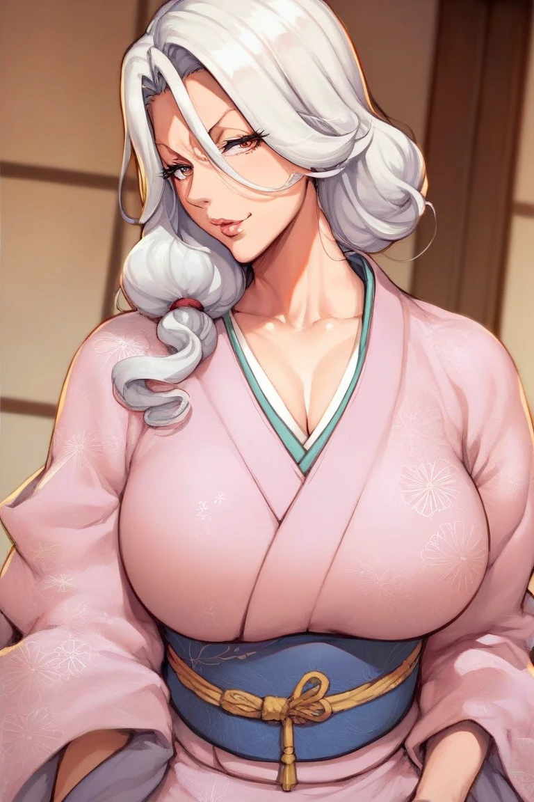 score_9, score_8_up, score_7_up, score_6_up,  source _anime,  mature woman, pechos gigantes,  white hair , 1 girl, kujo fumiko,kujo fumiko,  Japanese clothing ,  traditional Japanese clothing 