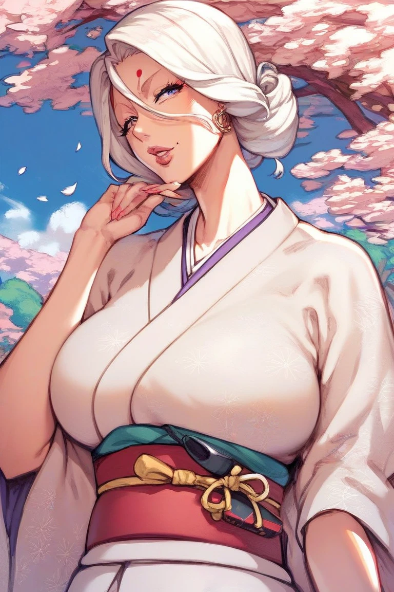 score_9, score_8_up, score_7_up, score_6_up,  source _anime,  mature woman, pechos gigantes,  white hair , 1 girl, kujo fumiko,kujo fumiko,  Japanese clothing ,  traditional Japanese clothing 