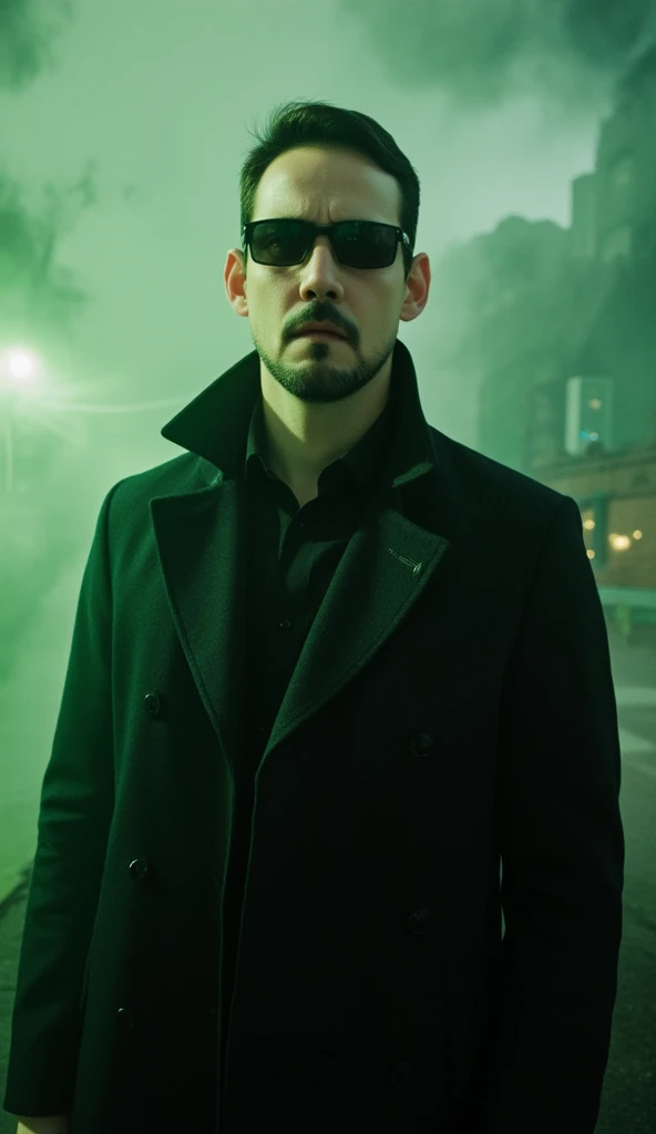 a young man, about 30 years old, wearing a The Matrix costume, overcoast, dark glasses, handsome man, in a storm, looking FRONTwards, bokeh top cinematic lighting, Green filter. Hyperrealistic, detailed, intricate, 4K, skin Textures, glowing.