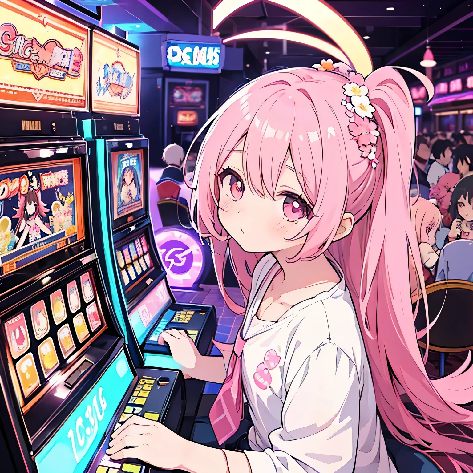  anime girl  playing a slot machine in a casino,  cute girl with flowers in her hair, seductive  anime girl , ( anime girl ),  digital animation illustration ,  Lofi Girl , On pixiv, attractive  anime girl , an  anime girl , cute  anime girl ,  Hanayamata ,  anime girl ,   anime best girl  ,  young woman anime visual, pretty  anime girl 