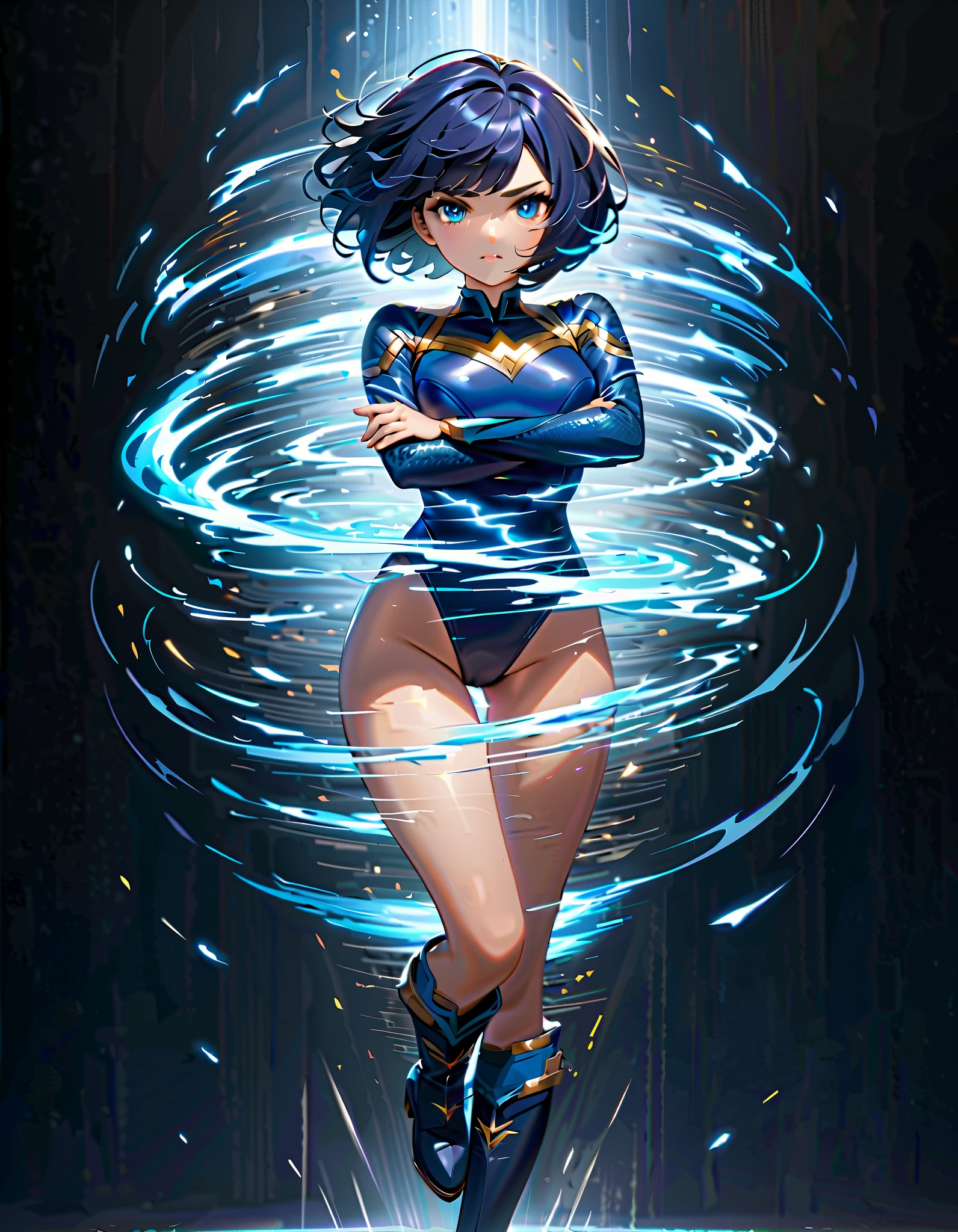 (masterpiece, best quality, high quality, highres:1.4), detailed, extremely detailed, ambient soft lighting, 4K, 1lady, solo, solo focus, beautiful french woman, perfect anatomy, medium breasts, (leotard, purple and blue leotard with white accents, bare legs), ((yellow scorpion (symbol) on chest)). boots, matching boots, (perfect hands:1.2), gloves, matching gloves, blue hair, medium hair, (hair over one eye:1.3), ahoge, purple eyes, beautiful detailed eyes, beautiful detailed face, full body. (legs straight). standing straight. v-shaped eyebrows, smile, outer space backdrop, (power, aura, blue aura), energy pulse, diffraction spikes, light particles, time warp, ripples. ((she spins fast in place like a tornado)). full body costume design.