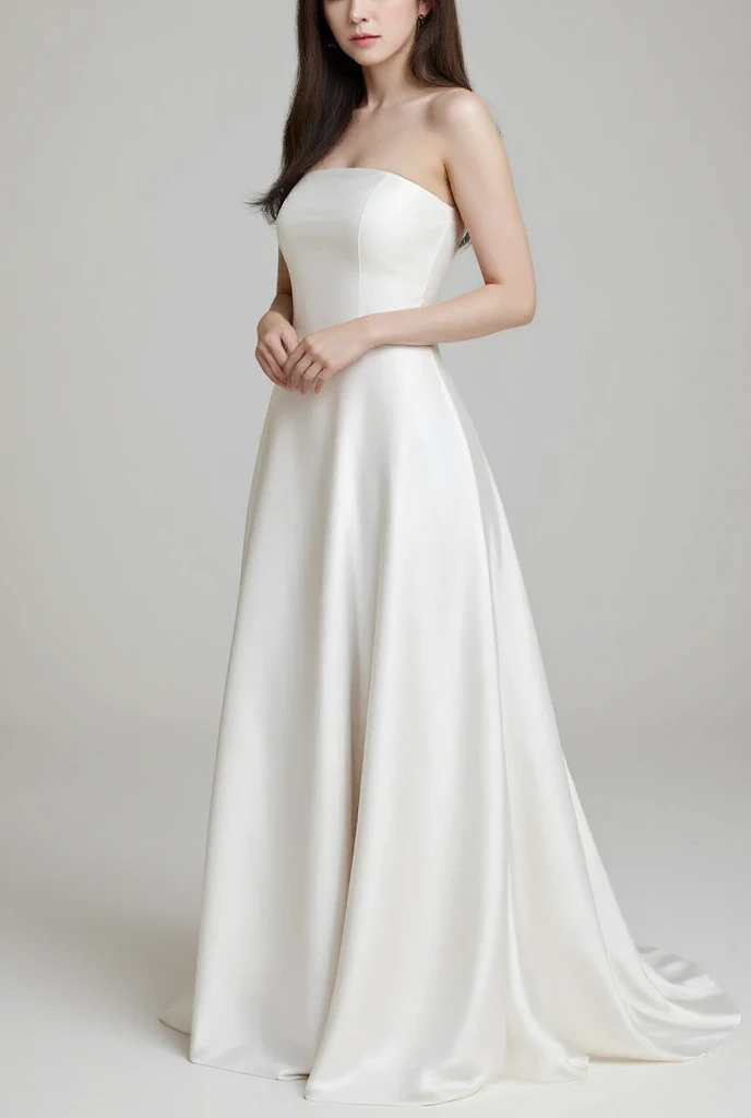 seorang wanita, standing facing forward,  white wedding dress,  strapless , hands in front, rambut panjang