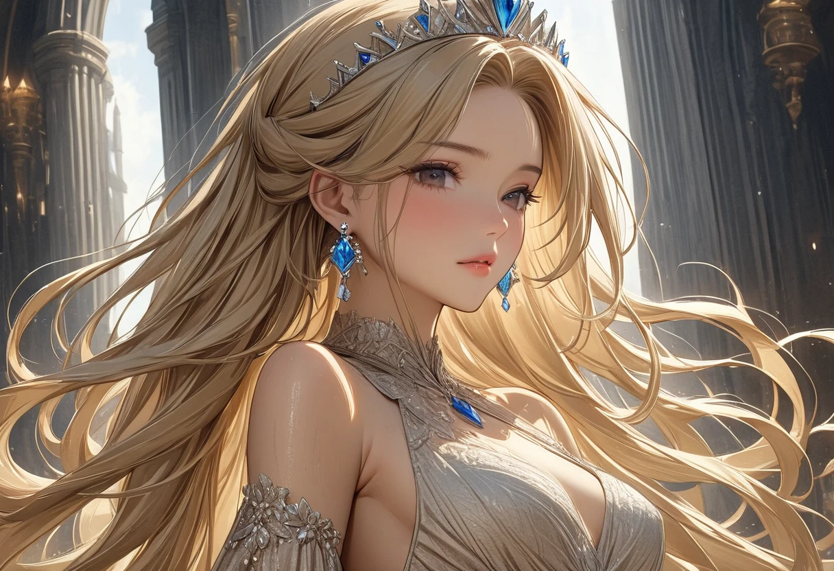 ((masterpiece)), (textured skin), ((high details)), best quality, award winning, 8k, beautiful woman, silk dress, Noble, princess, queen, blonde, half updo, hair flaps, jewelry tiara, crystal earrings, Sharp focus A beautiful woman with perfect body, Slim abdomen, light brown hair, shiny hair, low twintails