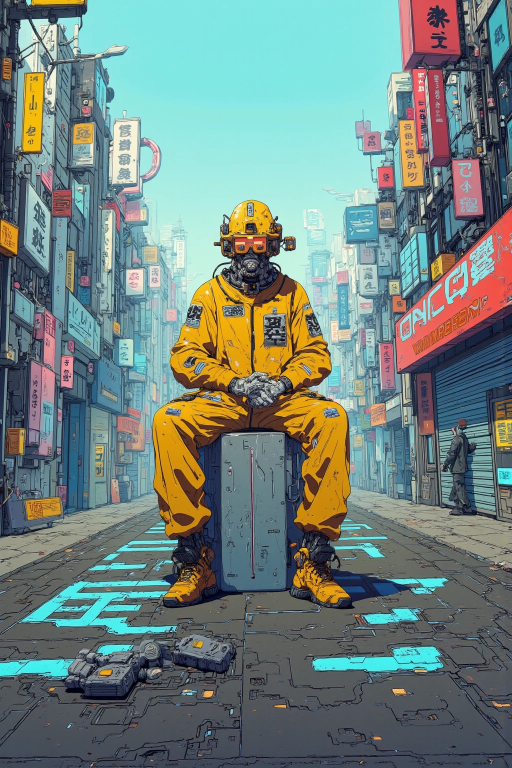   strange town street,A crazy man wearing clothes designed to look like a protective suit is sitting,Ultra-realistic composition ,   surreal style  ,  neo-surrealistic    .     digital art   , surrealistic     digital art   work,   Surreal Scene  ,   surreal photography  , surreal 3 d render,   Surrealist Conceptual Art    ,   Dreamy Art  ,   surreal photography  graphy,   surrealist photography  ,  items floating in the air  、lots of items , ultra high resolution ,   very detailed,Hyacinth,vapor,junk, Wide Angle Shot ,  Proximity Method, Strange 80s Style Synthwave , Synthwave City, Synth Wave Style , Miami Synthwave , Synthwave Art Style from a 2009 SF8K movie, cyberpunk atmosphere , Spectacular Retrowave Art