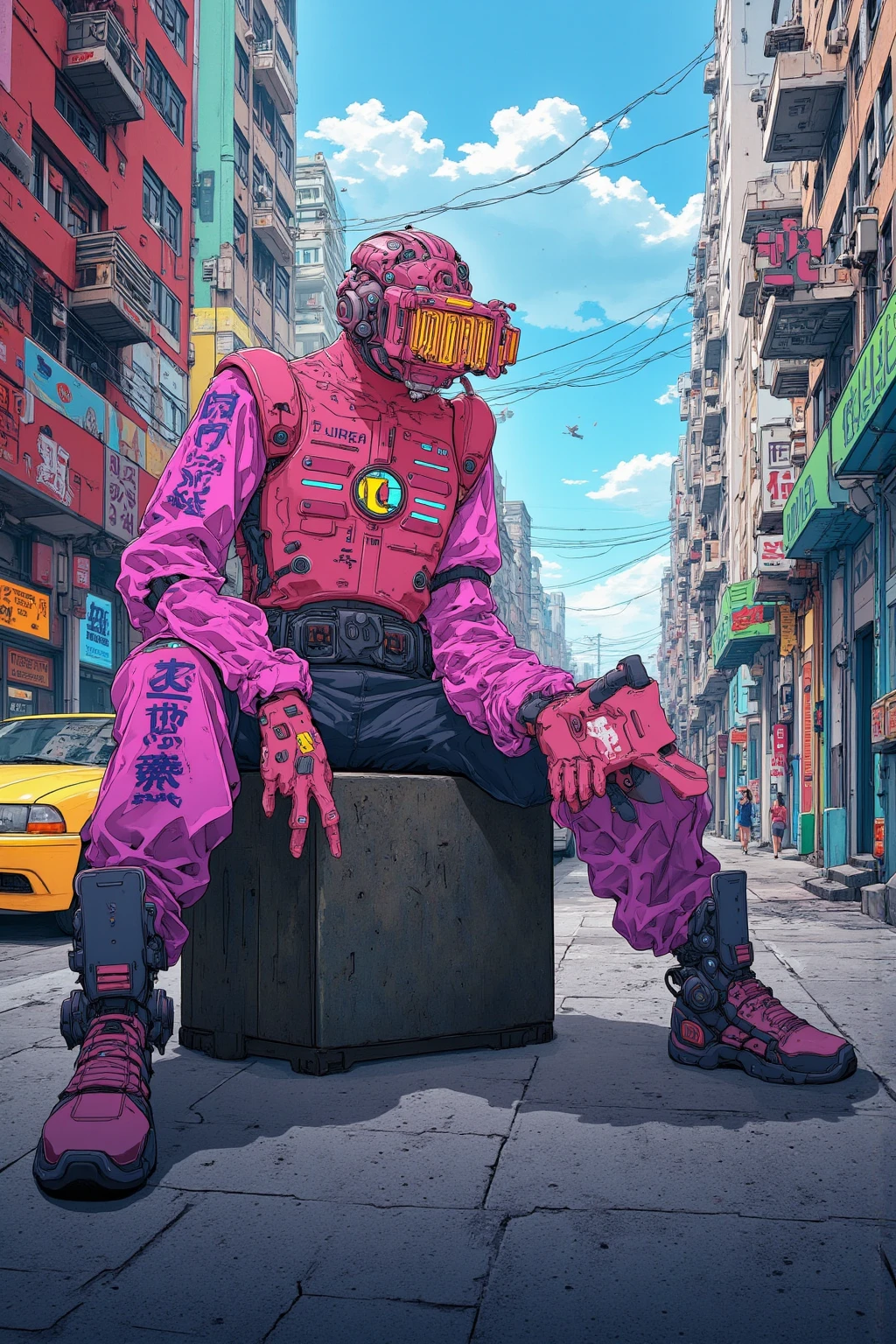   strange town street,A crazy man wearing clothes designed to look like a protective suit is sitting,Ultra-realistic composition ,   surreal style  ,  neo-surrealistic    .     digital art   , surrealistic     digital art   work,   Surreal Scene  ,   surreal photography  , surreal 3 d render,   Surrealist Conceptual Art    ,   Dreamy Art  ,   surreal photography  graphy,   surrealist photography  ,  items floating in the air  、lots of items , ultra high resolution ,   very detailed,Hyacinth,vapor,junk, Wide Angle Shot ,  Proximity Method, Strange 80s Style Synthwave , Synthwave City, Synth Wave Style , Miami Synthwave , Synthwave Art Style from a 2009 SF8K movie, cyberpunk atmosphere , Spectacular Retrowave Art