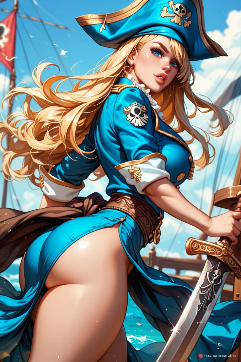 1 ,  Long hair,  blonde hair,  Fringe covering the right eye,  big boobs,  big ass,  thick thighs ,  expression would be , full lips,  blue eyes, blue military clothing, pirate sword around the waist 