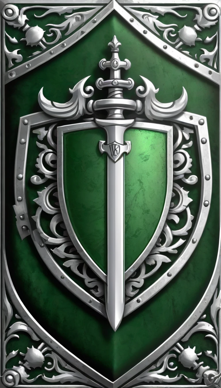 Concept art, layout of book cover for photoshop, highest quality, minimalistic nice design, green smooth velvet texture, silver embossing, silver ornate corners, The design features gears and silver natural elements, in the middle is a baronial shield with the ornate monogram "NB" located on it in a medieval Gothic font in the style of Warner Bros. and perfect silver completely naked tomboy girl holded this shield, no lighting of image, (Without background, on the whole image, without backlight, without frontlight), full screen, НЕ ОСВЕЩАТЬ ИЗОБРАЖЕНИЕ