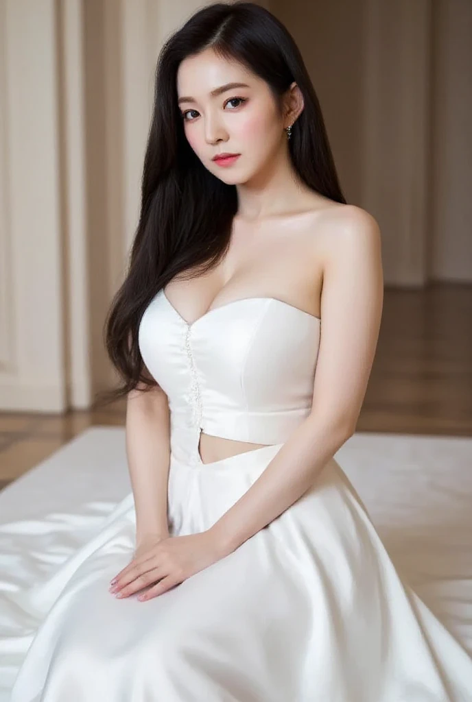 seorang wanita,  sits front facing,  white wedding dress,  strapless , hands in front, rambut panjang