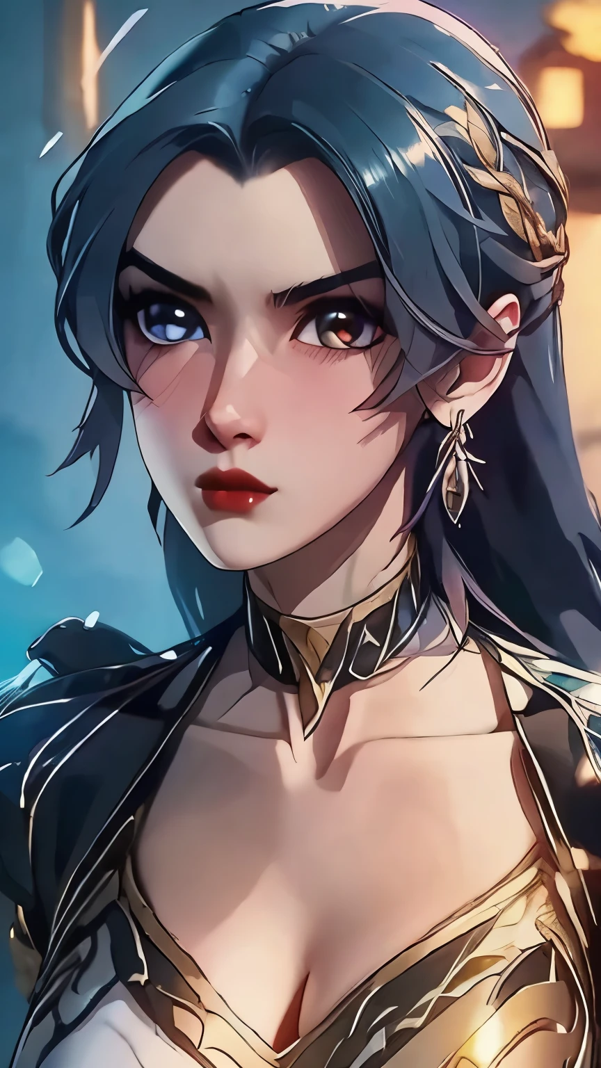 1girl, backlighting, bare shoulders, blurry, blurry background, blush, breasts, choker, cleavage, closed mouth, collarbone, earrings, forehead, hair over shoulder, jewelry, long hair, looking down,red lips, shadow, solo, thick eyebrows, thick eyelashes,
, ((masterpiece)), walking on water in a storm, masterpiece, best quality, high quality, extremely detailed CG unit 8k wallpaper, award winning photography, Bokeh, Depth of Field, HDR, bloom, Chromatic aberration, photorealistic, extremely detailed, trending on artstation, trending on CGsociety, intricate, high detail, dramatic, mid-journey art, volumetric lighting