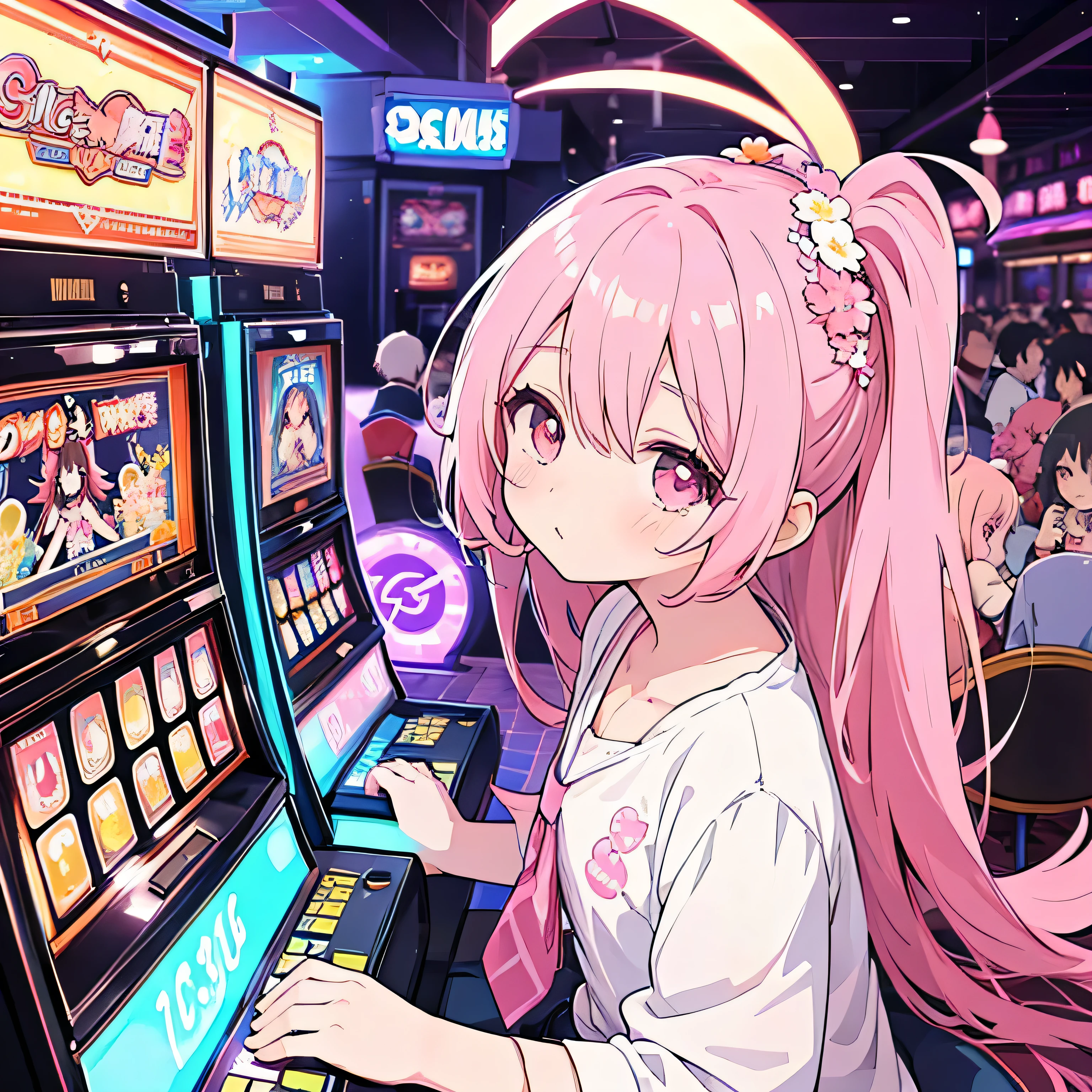 anime girl playing a slot machine in a casino, cute girl with flowers in her hair, seductive anime girl , ( anime girl ), digital animation illustration , Lofi Girl , On pixiv, attractive anime girl , an anime girl , cute anime girl , Hanayamata , anime girl , anime best girl , young woman anime visual, pretty anime girl