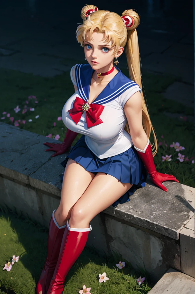 (ultra realistic,32k, masterpiece:1.2),(high detailed skin:1.1),( high quality:1.1),
1girl, solo,EPsmSailorMoon, (angry:1.1),blonde hair, blue eyes, long hair, very long hair, twintails, hair bun, double bun, miniskirt, choker, bow, crescent earrings, knee boots, red choker, white gloves, red bow,  magical girl, elbow gloves, star (symbol), earrings, bow, jewelry, boots, sailor senshi uniform, crescent, blue sailor collar, gloves, sailor collar, blue skirt, red footwear, skirt, pleated skirt, (azalea flower field:1.1), night, (moon:1.3) , blurry background,, (looking at viewer, sitting, crossed legs, from above:1.1),,(huge breast,large breast:1.1),(glow in the dark:1.1),