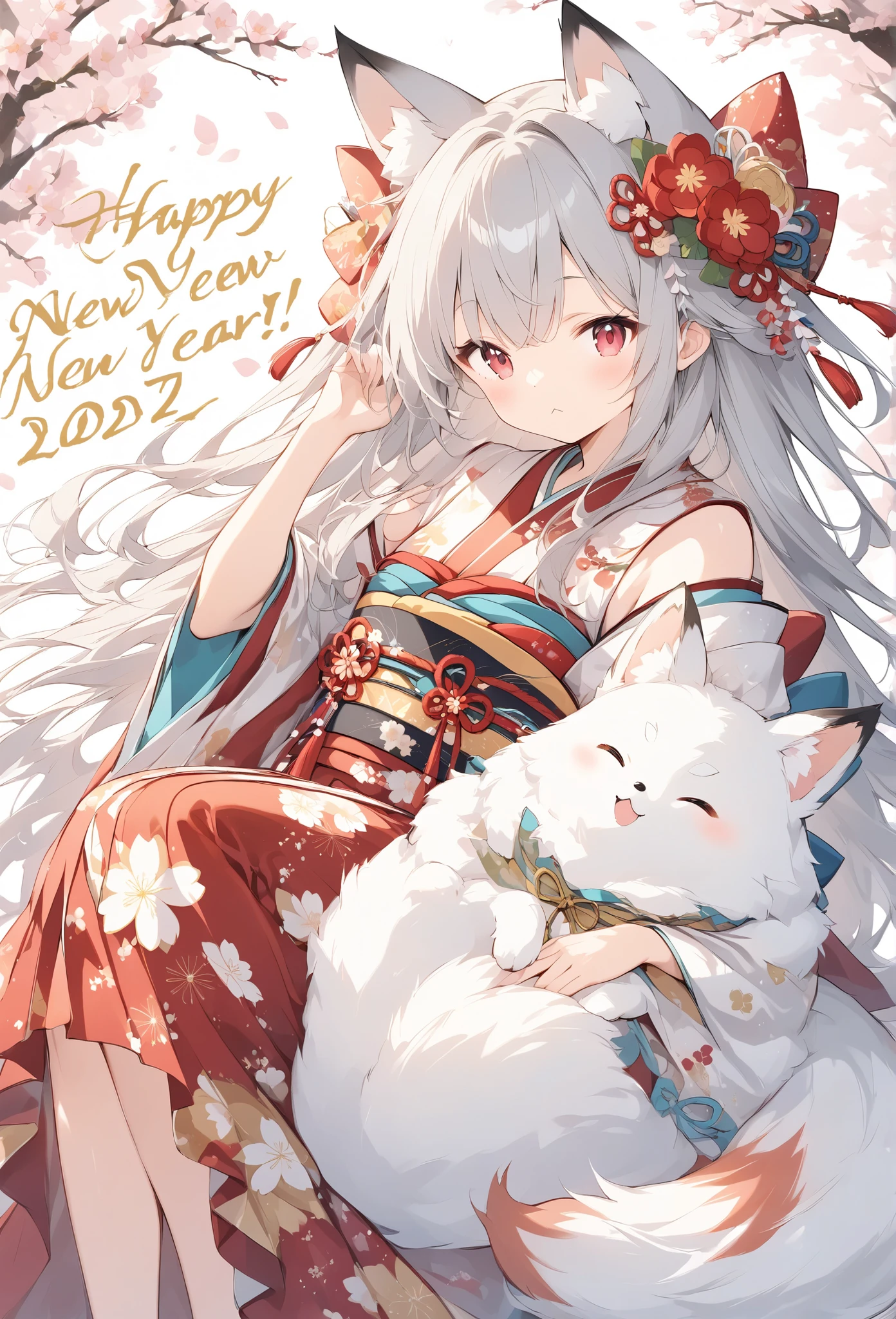 thin and soft painting style 、White fox girl 、 gray hair、 Smooth Long Hair 、 fox ears、 fluffy fox tail 、Ruby Eyes、Slanted Eyes、 cute、:<, Happy_New_Year!、Japanese Furisode、 dress、桜色の可愛い dress