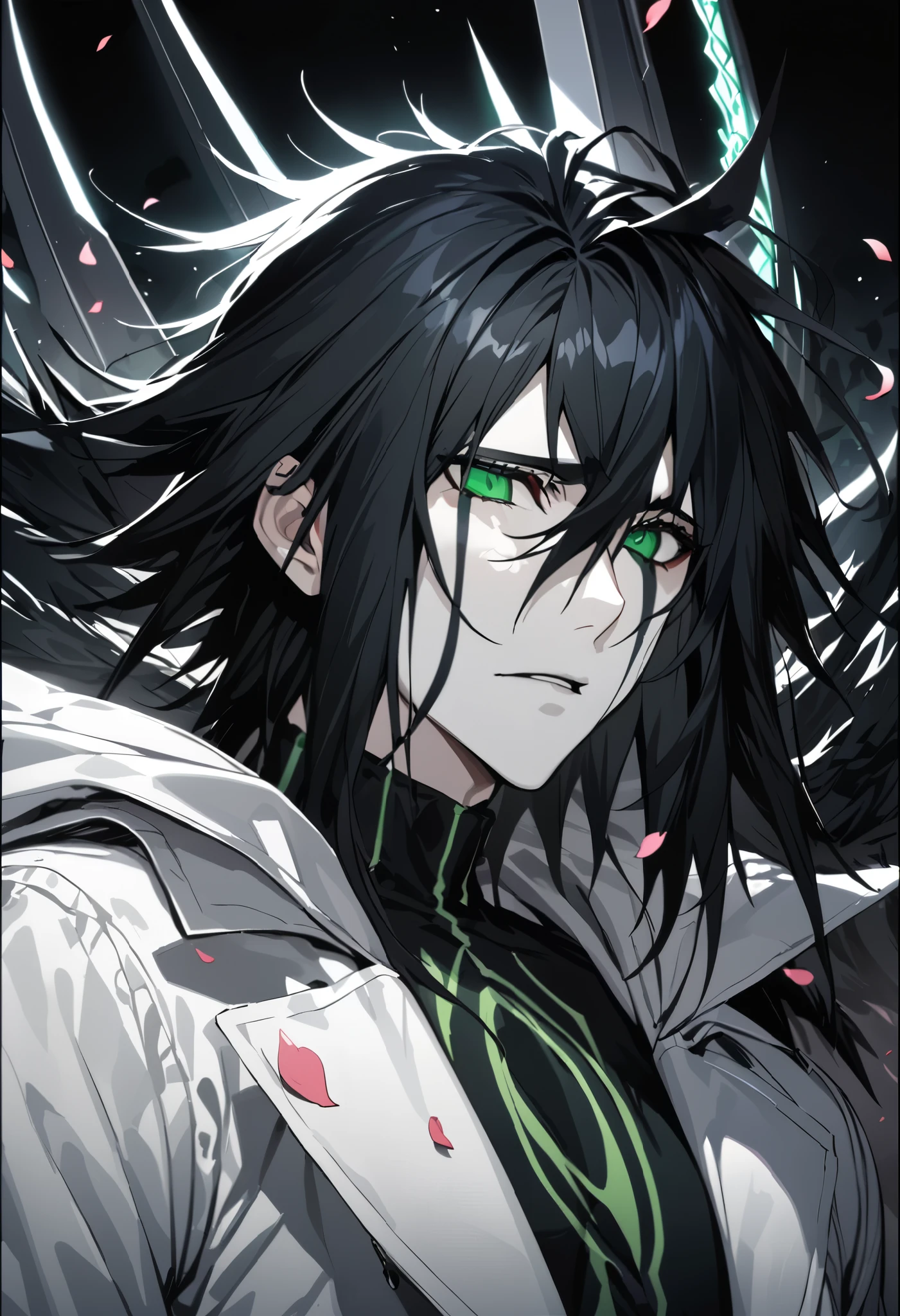 absurdres, highres, ultra detailed, HDR, masterpiece, extremely detailed face and eyes, perfect face, Ulquiorra Cifer, Raven hair, hair between the eyes, expressive green eyes, pale skin, Bleach, solo, sexy man, handsome, white Hoodie coat, tight black shirt, patterns, pink roses, petals, in Las Noches Throne Of Hueco Mundo , clock