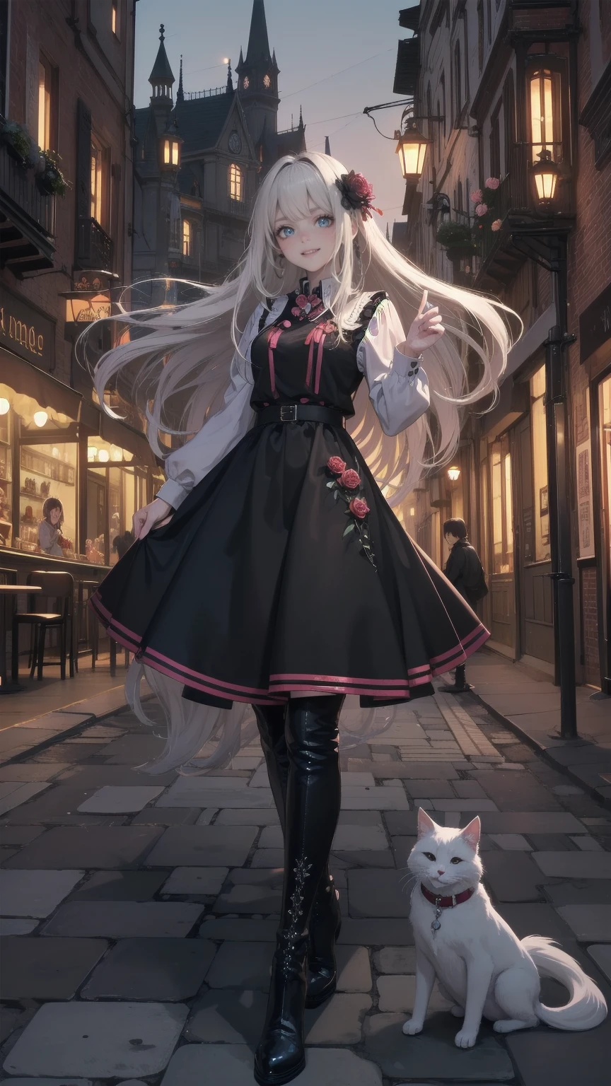 ( masterpiece : 1.2), (   very detailed: 1.2), (   very detailed CG: 1.2), (    high image quality : 1.2), (最    high image quality ), 8k,   animated illustration   , 、   beautiful girl  、とても   cute天使、   pink gothic dress 、   cute、*********、smile、   long skirt、   Black Long Boots   、   grey pink pants ，Turquoise Eye，   cute女性 *****，street，   Candy Store   ， sign，European Buildings，slate paved   ，Rose flower，
 anime style . Landscape images. School cafeteria. Blonde、 long haired and blue-eyed girl without bangs、 wear a uniform、She （ is having a meal with her dark-haired girlfriend ） in the cafeteria .  is arguing about something 
